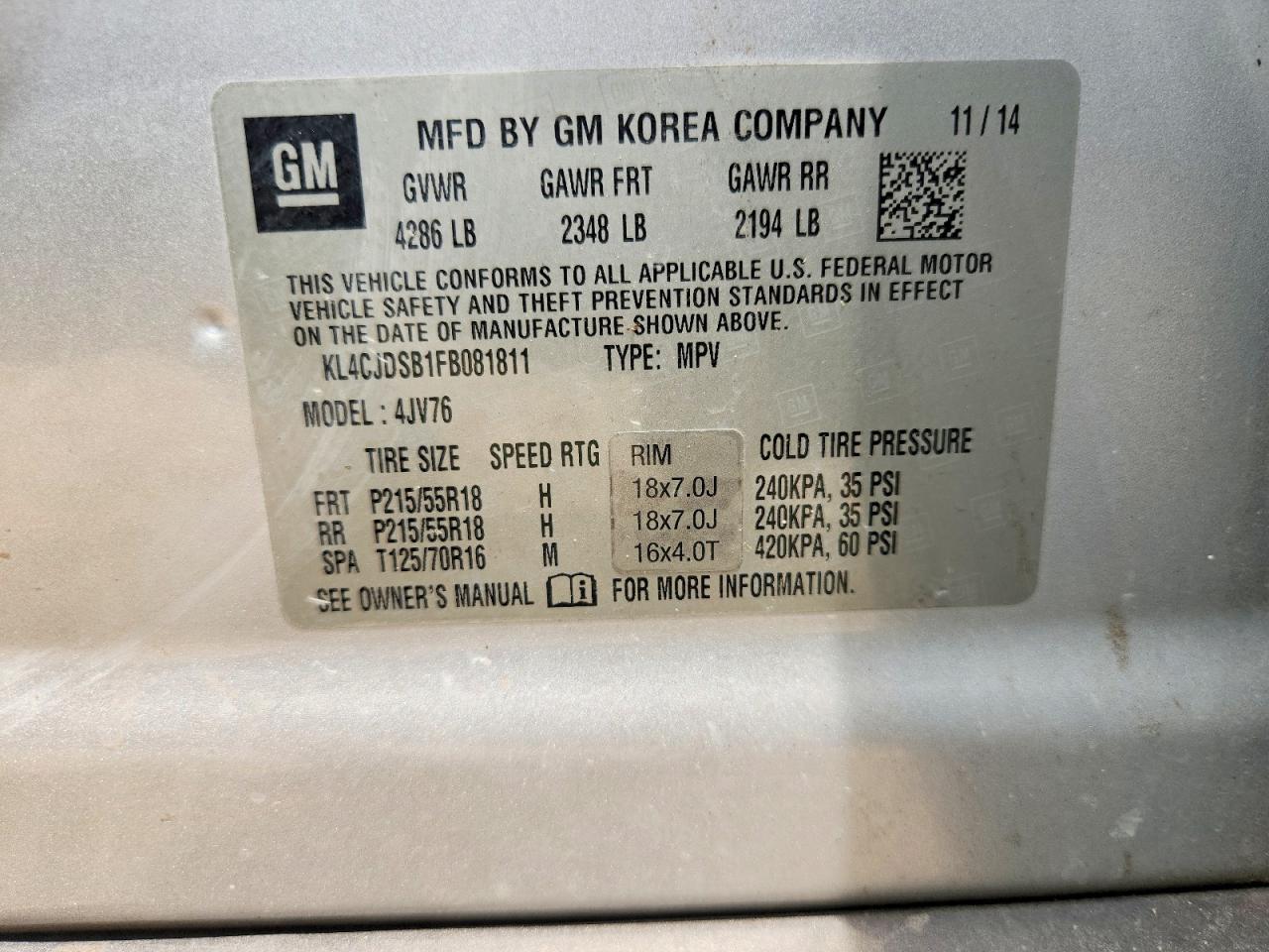 2015 Buick Encore Silver vin: KL4CJDSB1FB081811