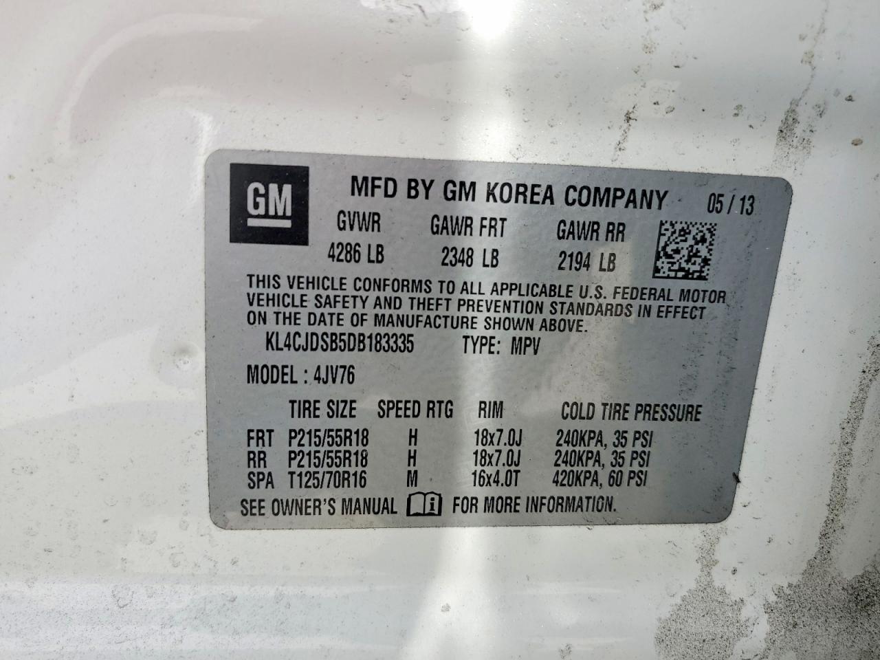 2013 Buick Encore White vin: KL4CJDSB5DB183335