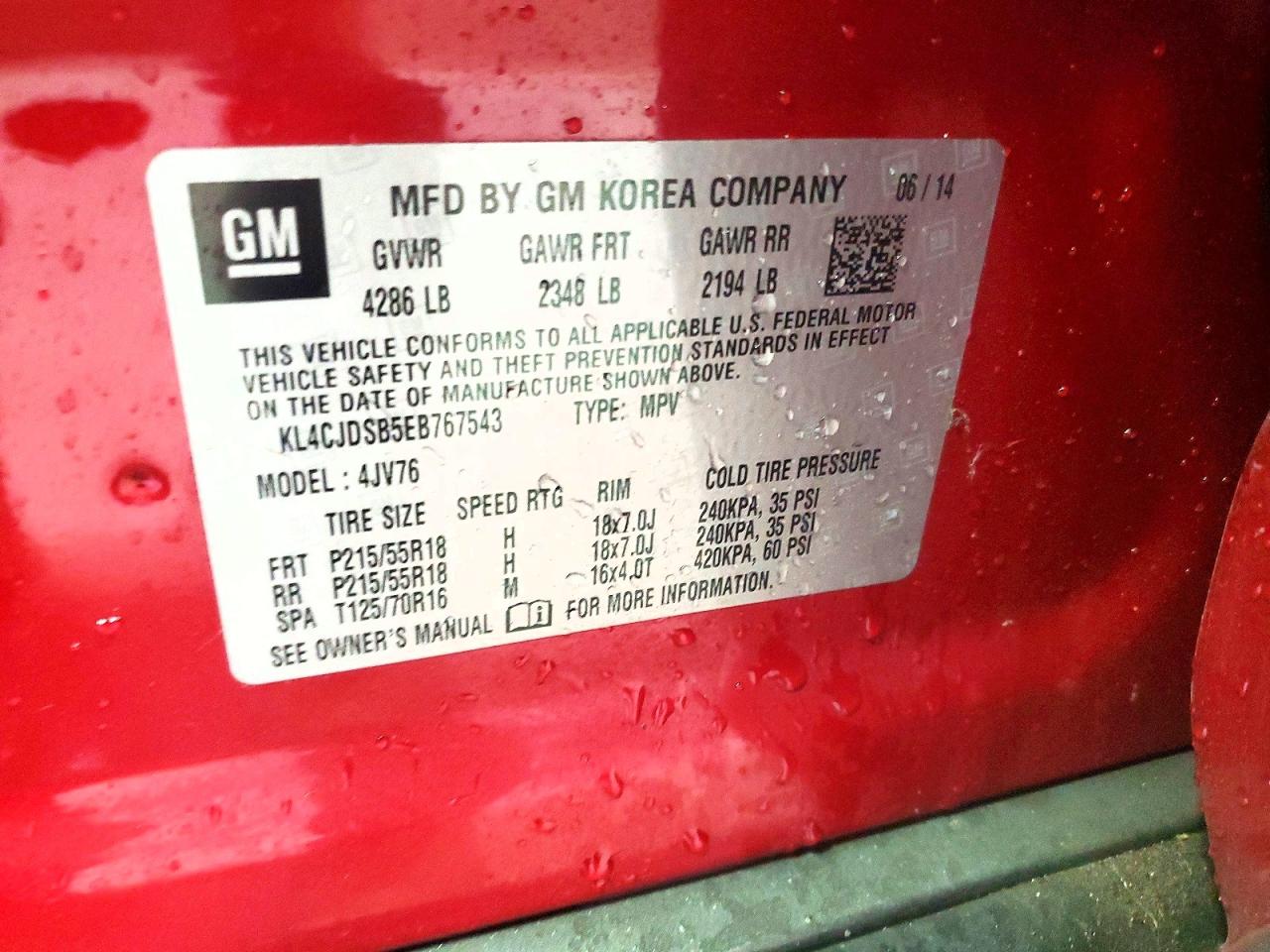 2014 Buick Encore Red vin: KL4CJDSB5EB767543