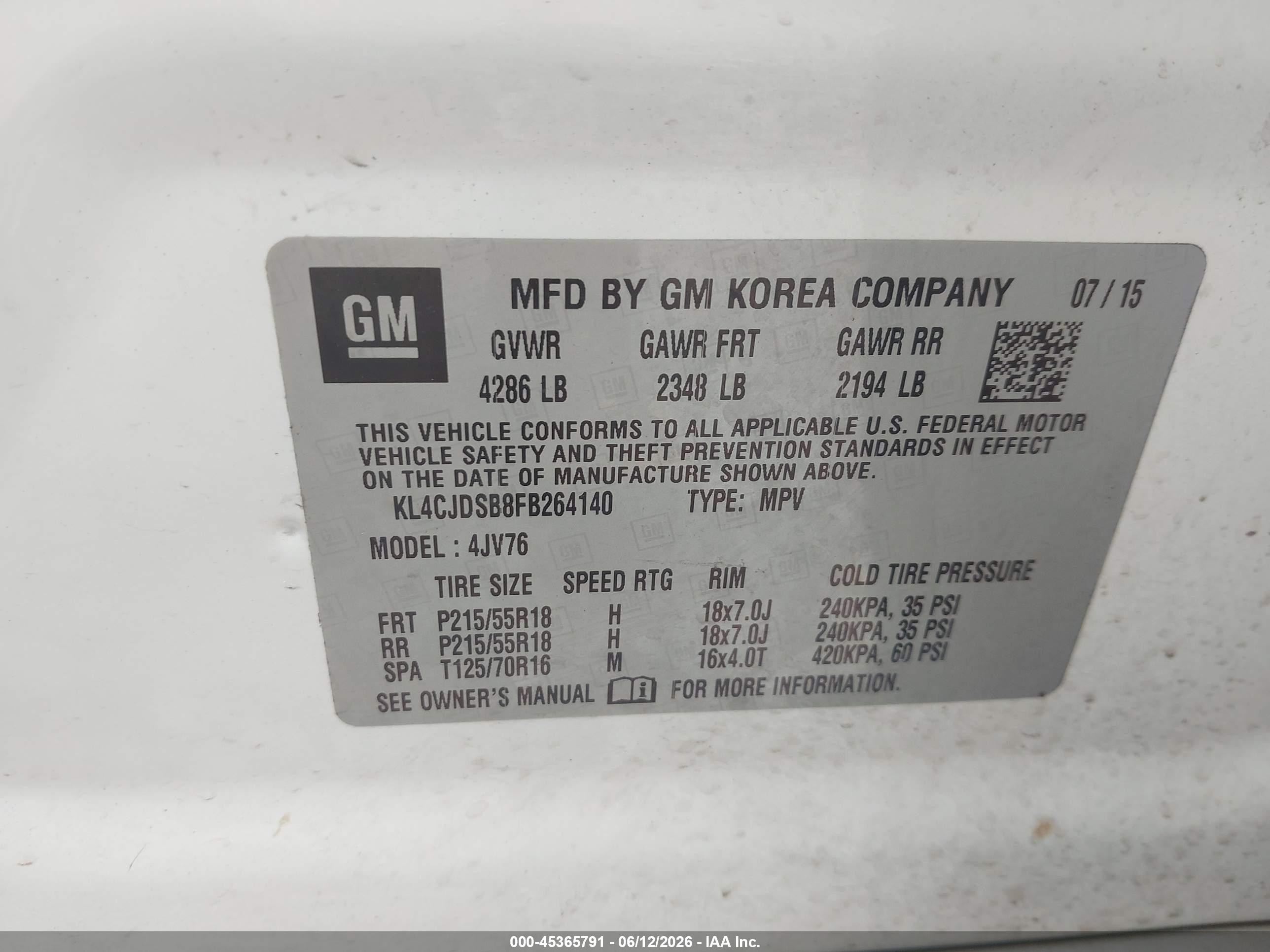 2015 Buick Encore Premium White vin: KL4CJDSB8FB264140
