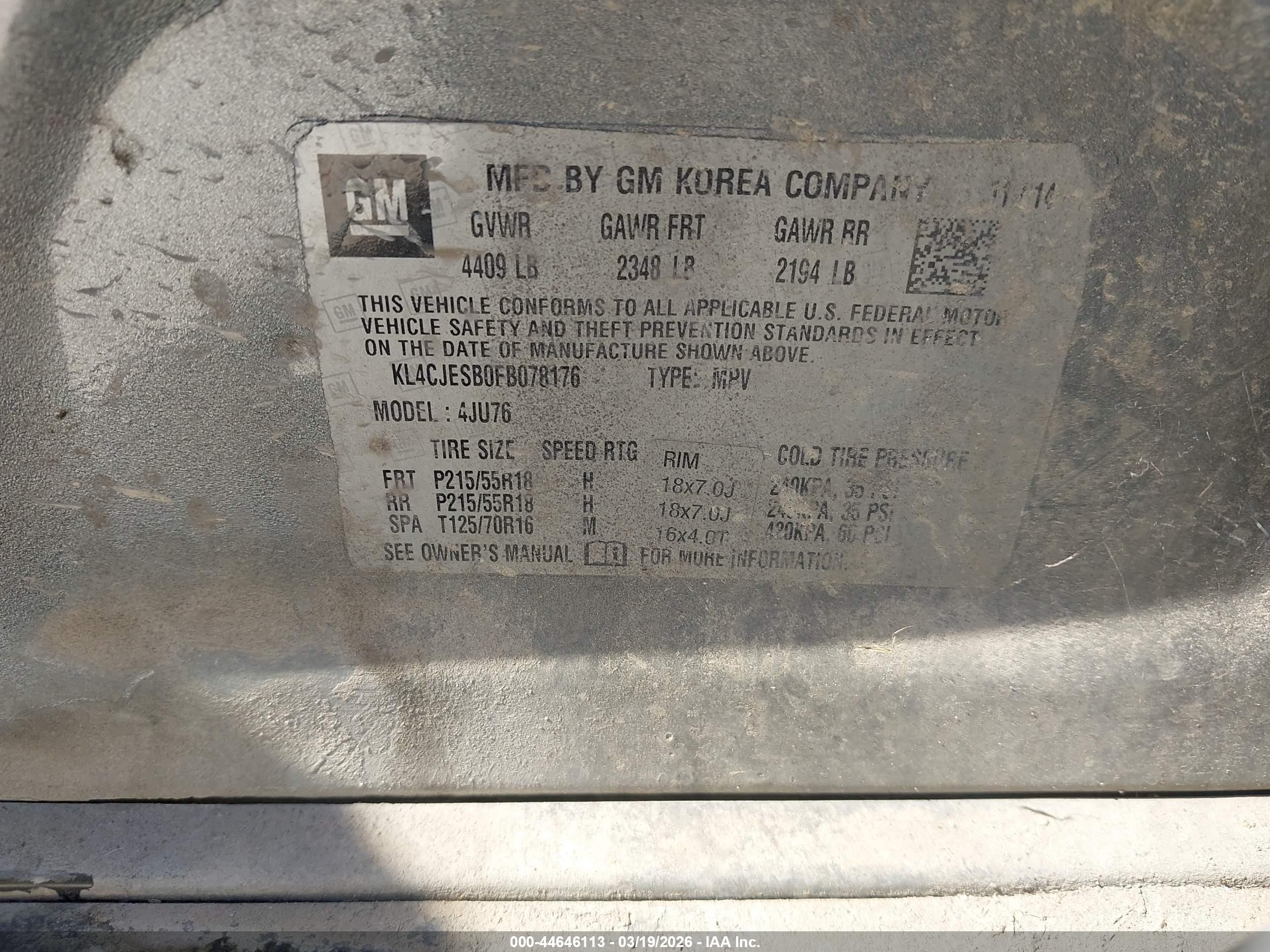2015 Buick Encore   Gray vin: KL4CJESB0FB078176