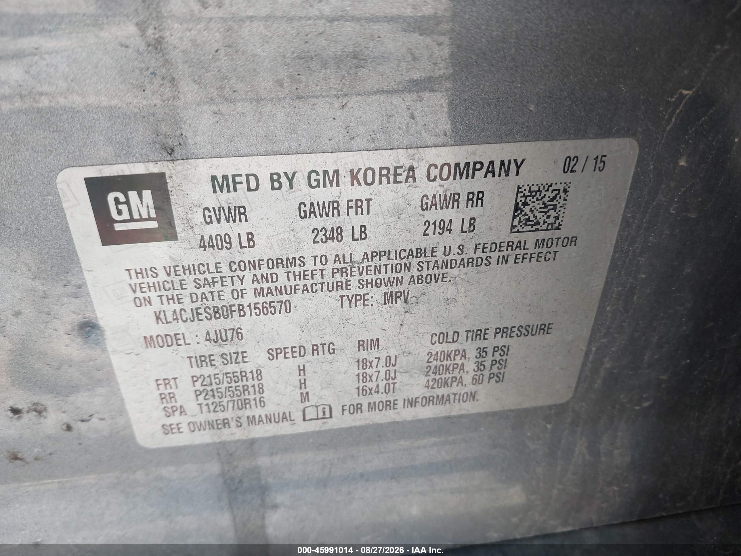2015 Buick Encore   Gray vin: KL4CJESB0FB156570
