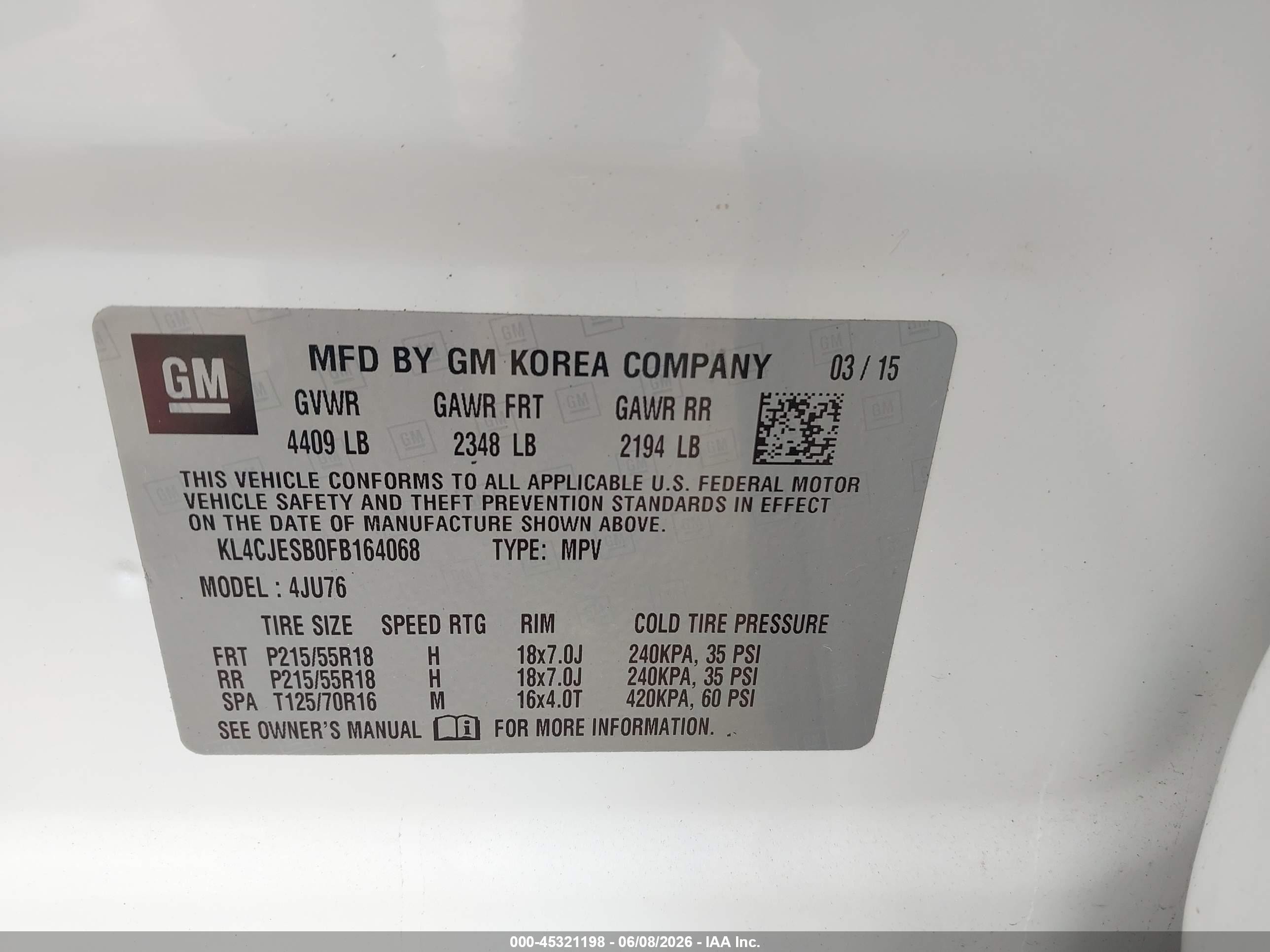 2015 Buick Encore   White vin: KL4CJESB0FB164068