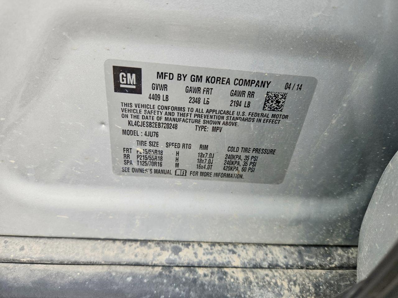 2014 Buick Encore Silver vin: KL4CJESB2EB720248