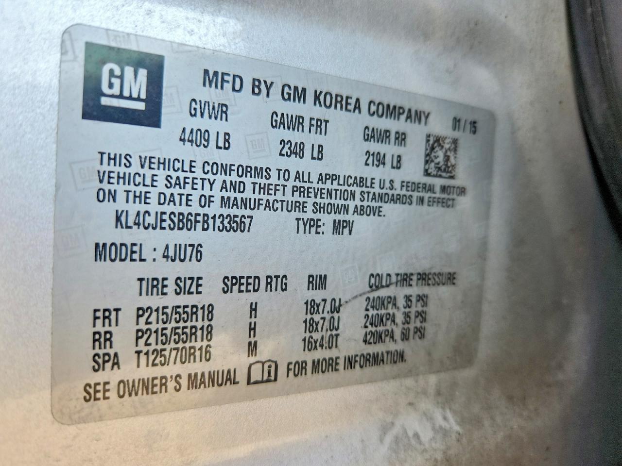 2015 Buick Encore Silver vin: KL4CJESB6FB133567