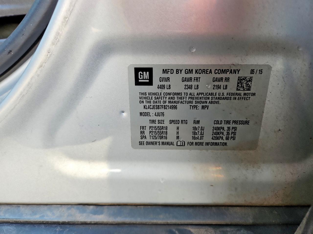 2015 Buick Encore Серебряный vin: KL4CJESB7FB214996