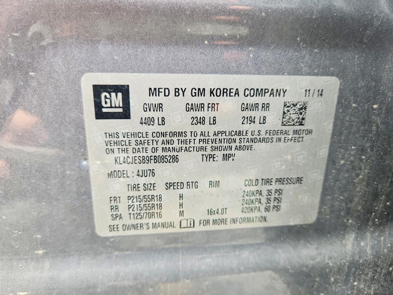 2015 Buick Encore Gray vin: KL4CJESB9FB085286