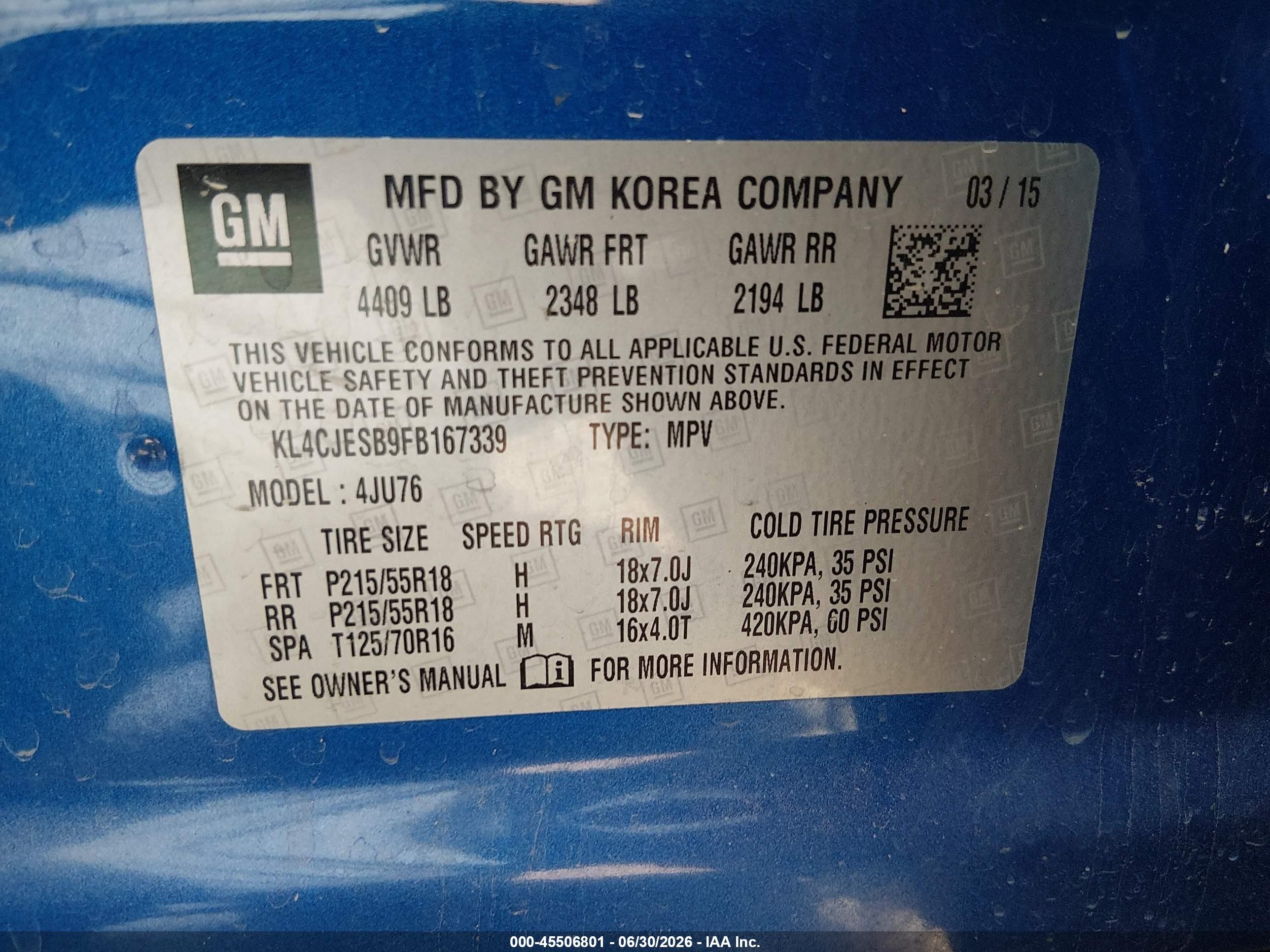 2015 Buick Encore   Blue vin: KL4CJESB9FB167339