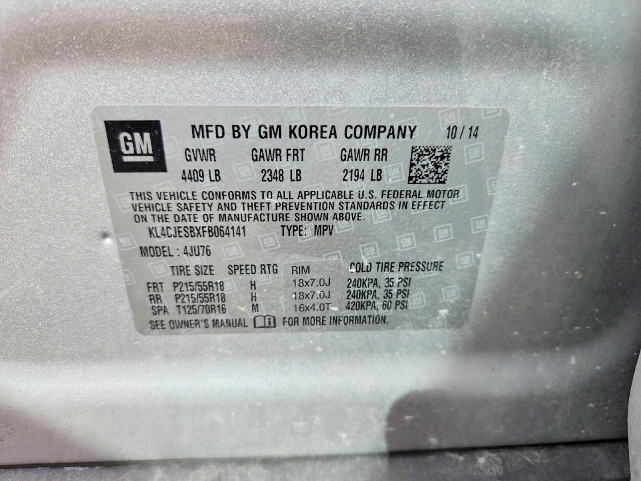 2015 Buick Encore Silver vin: KL4CJESBXFB064141