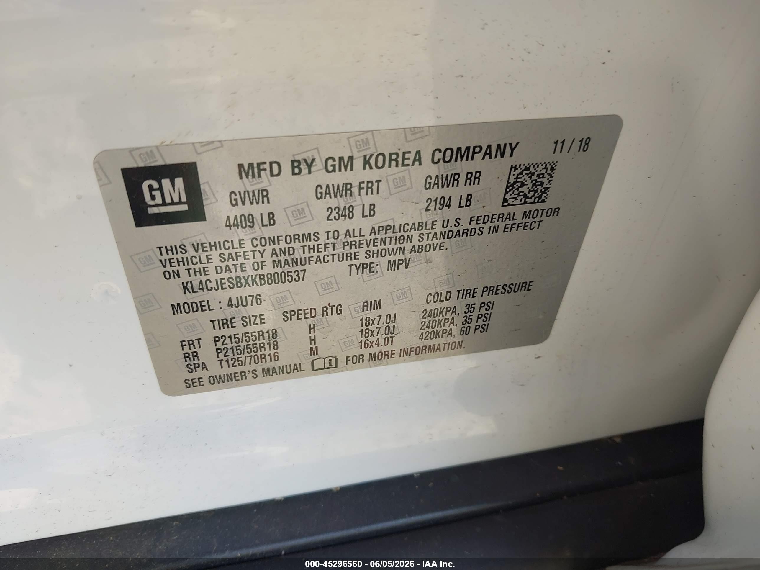 2019 Buick Encore Awd Preferred White vin: KL4CJESBXKB800537