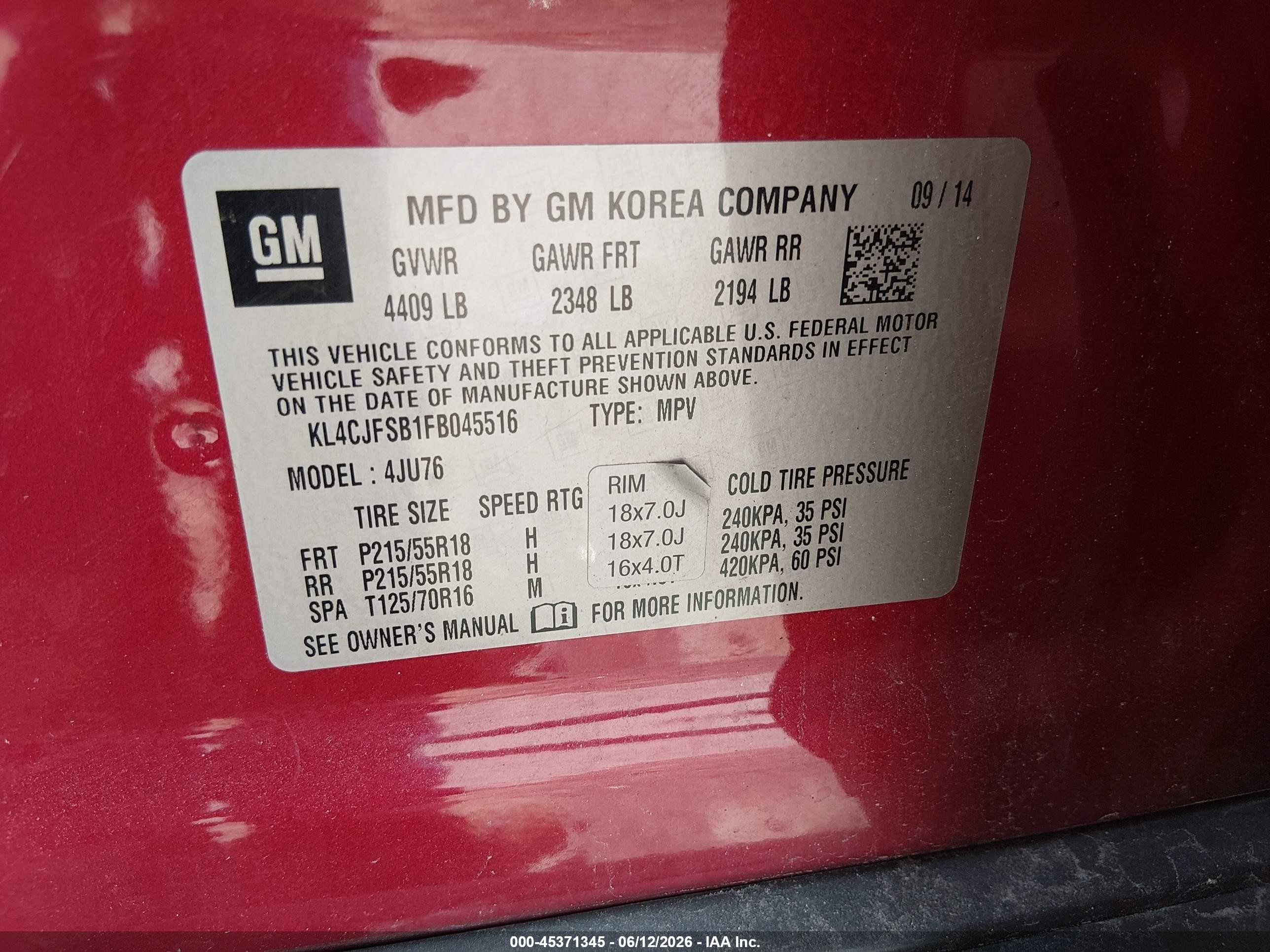 2015 Buick Encore Convenience Red vin: KL4CJFSB1FB045516