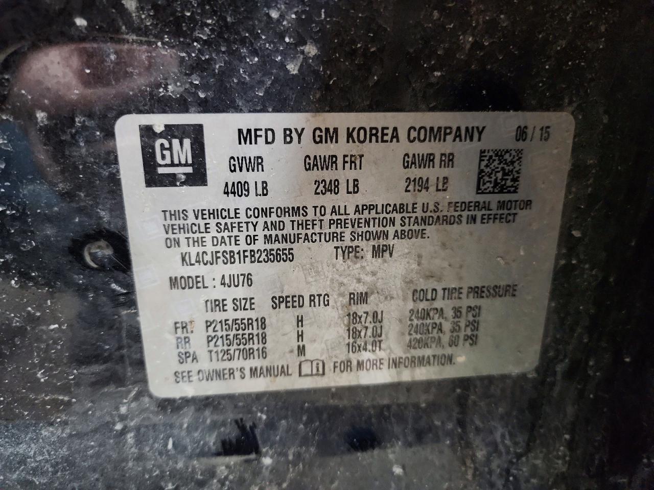 2015 Buick Encore Convenience Charcoal vin: KL4CJFSB1FB235655