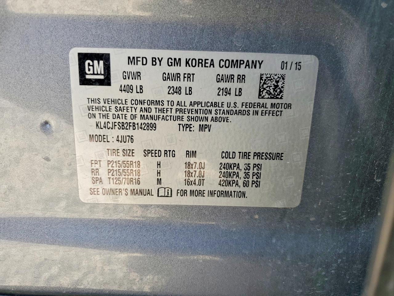 2015 Buick Encore Convenience Gray vin: KL4CJFSB2FB142899