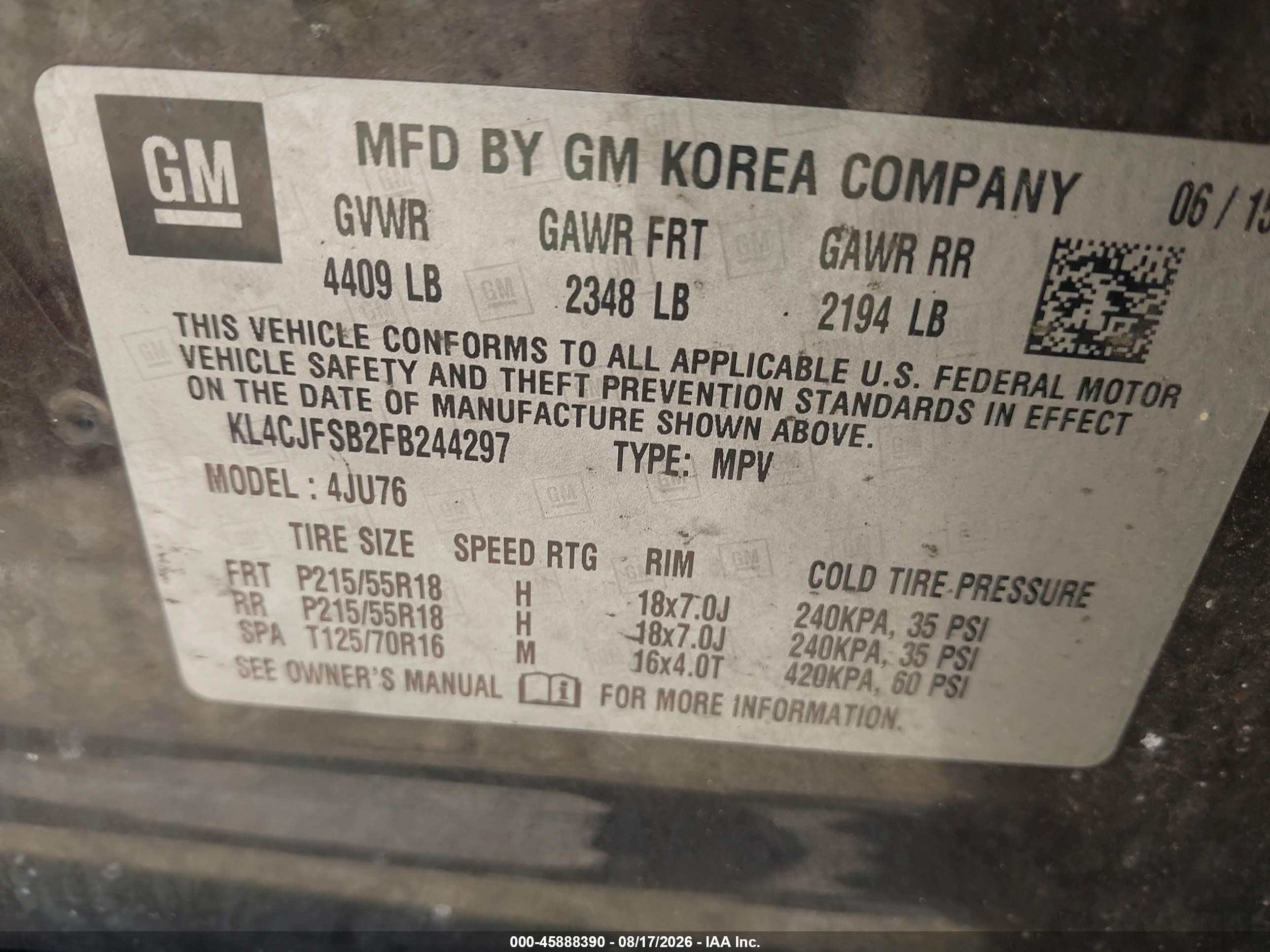 2015 Buick Encore Convenience Burgundy vin: KL4CJFSB2FB244297