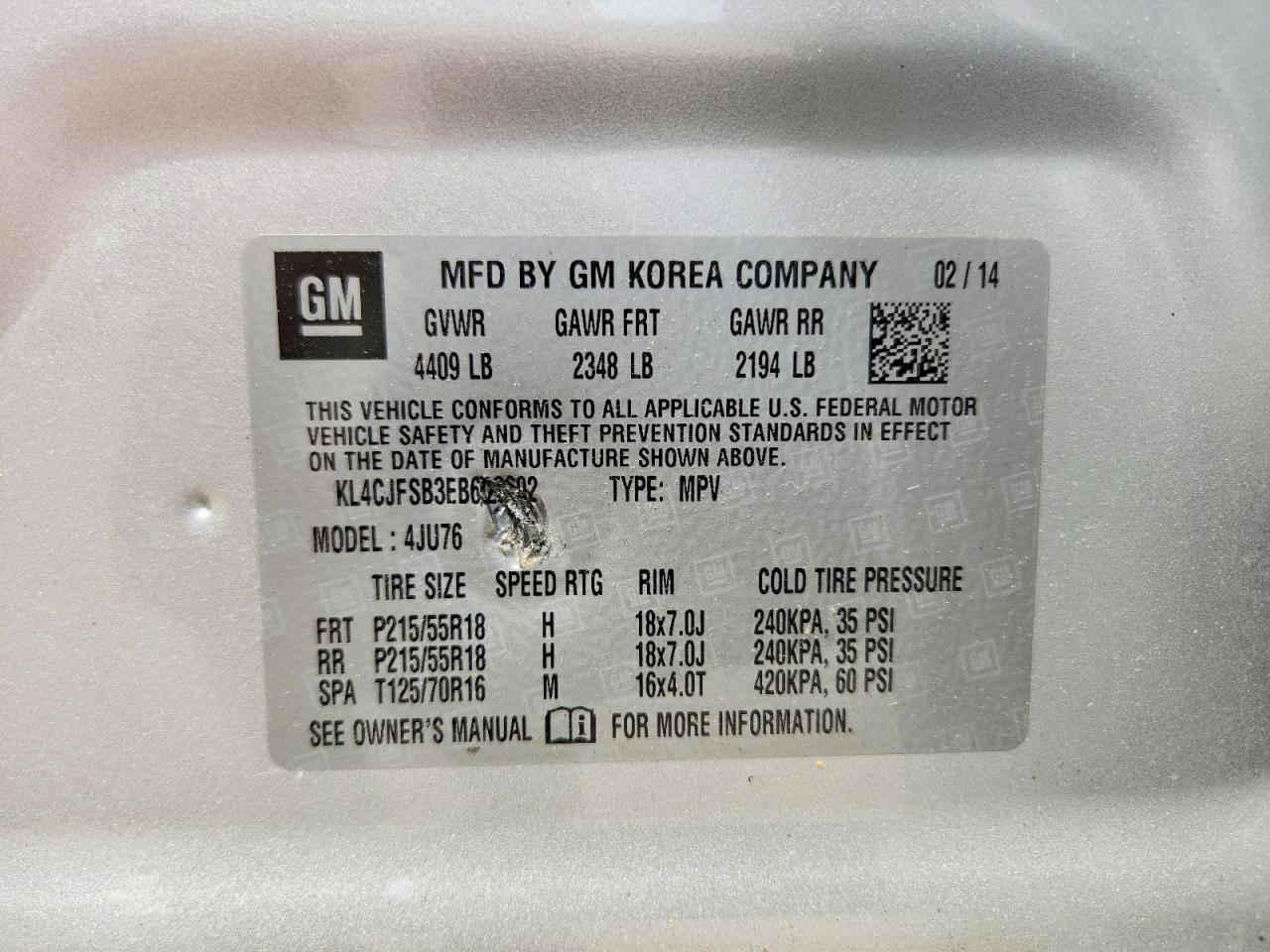 2014 Buick Encore Convenience Серебряный vin: KL4CJFSB3EB682602