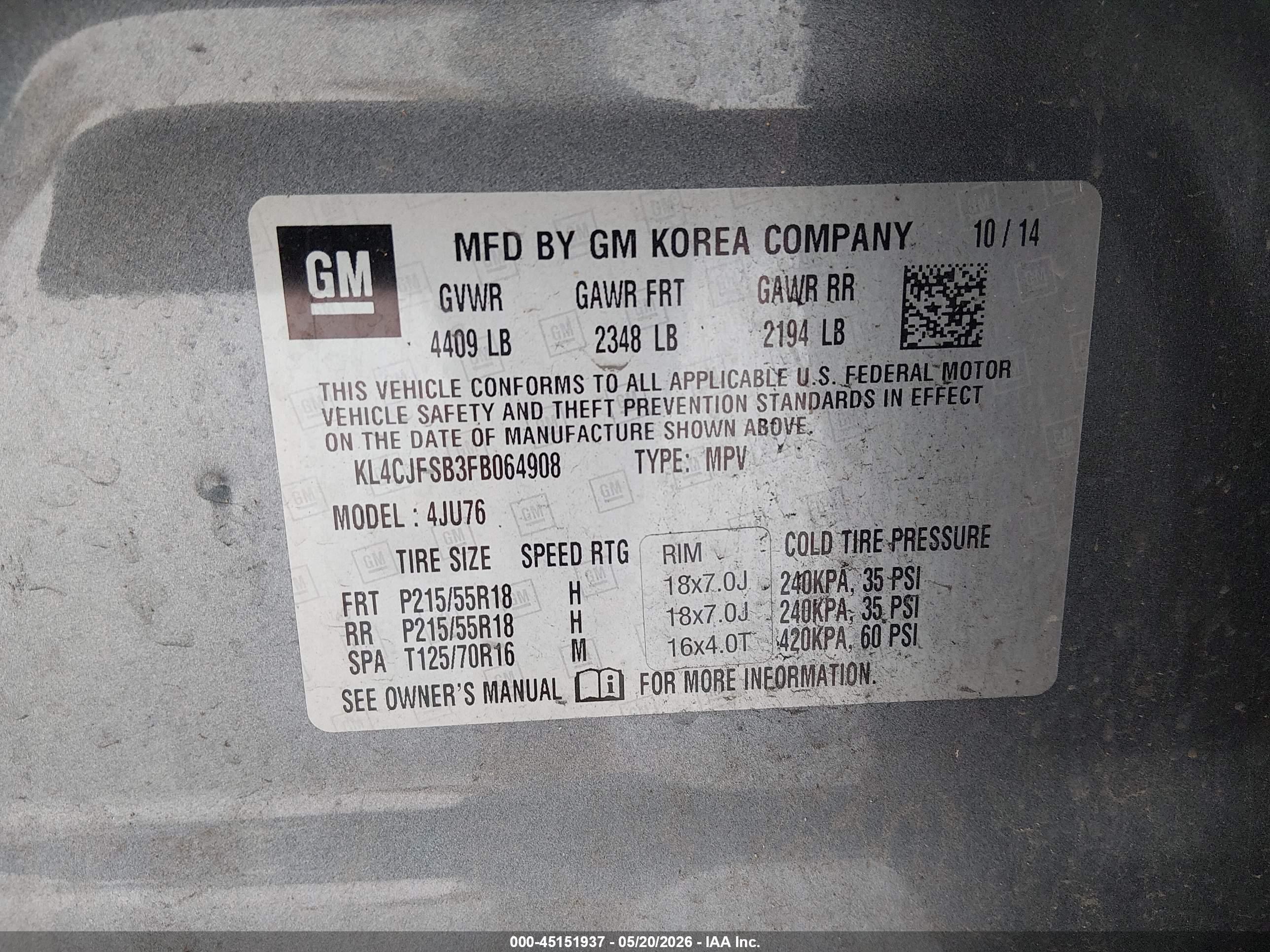 2015 Buick Encore Convenience Серый vin: KL4CJFSB3FB064908