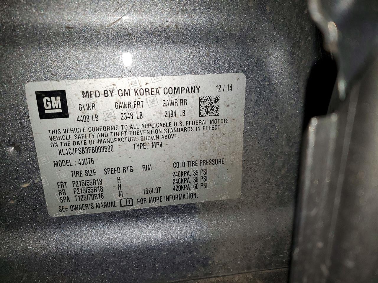 2015 Buick Encore Convenience Gray vin: KL4CJFSB3FB098590