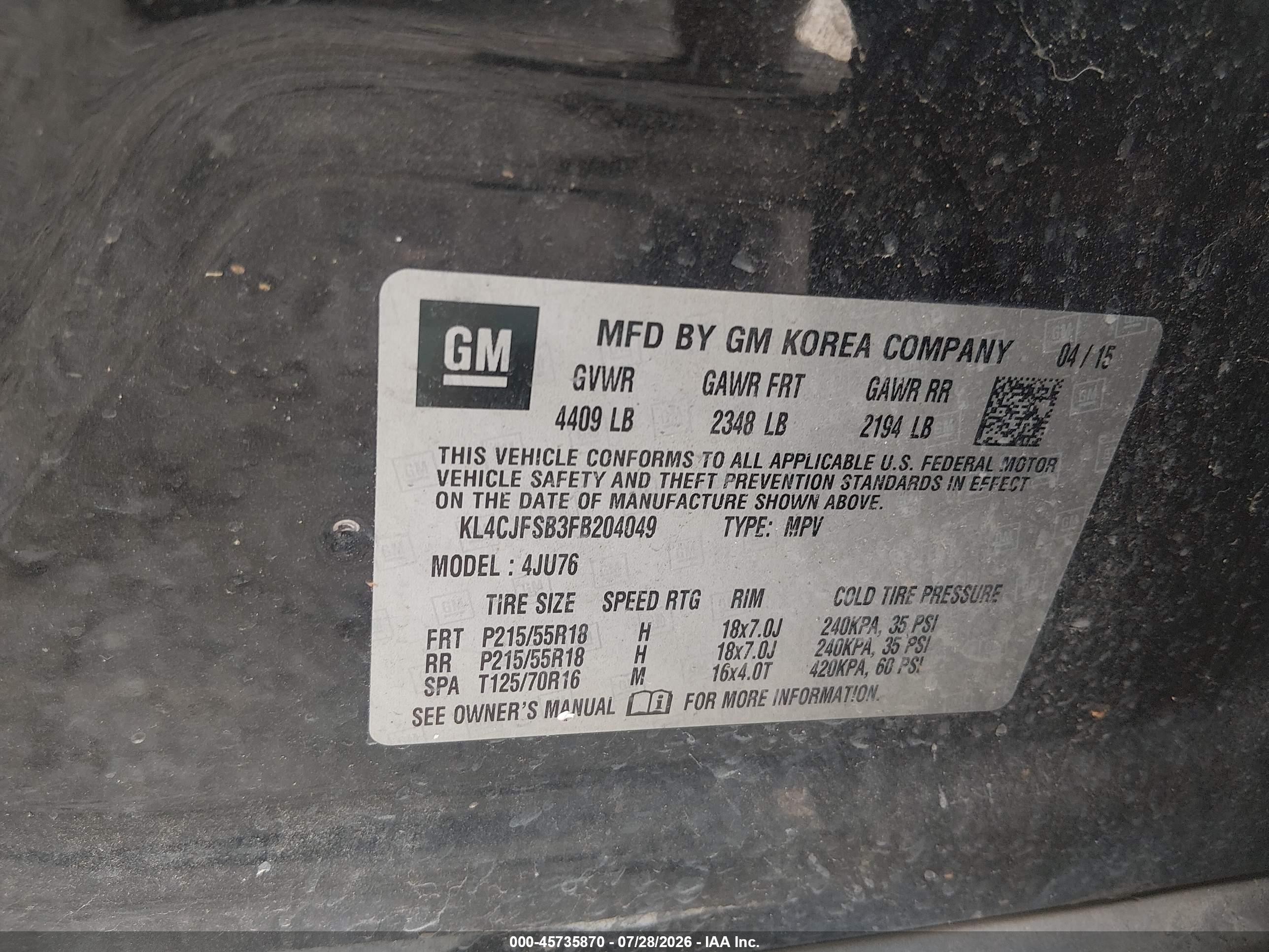 2015 Buick Encore Convenience Black vin: KL4CJFSB3FB204049