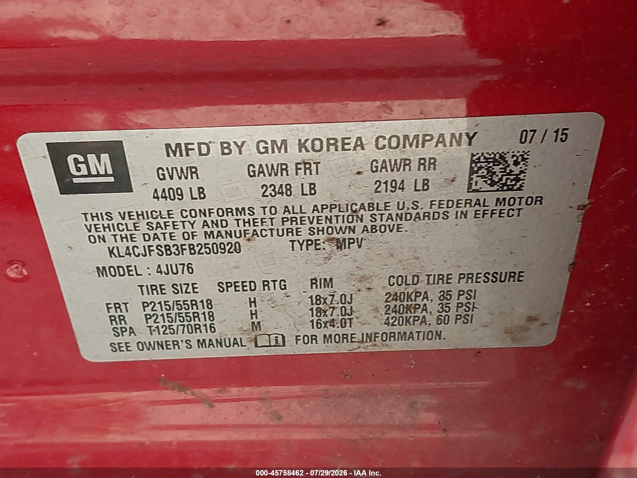 2015 Buick Encore Convenience Red vin: KL4CJFSB3FB250920