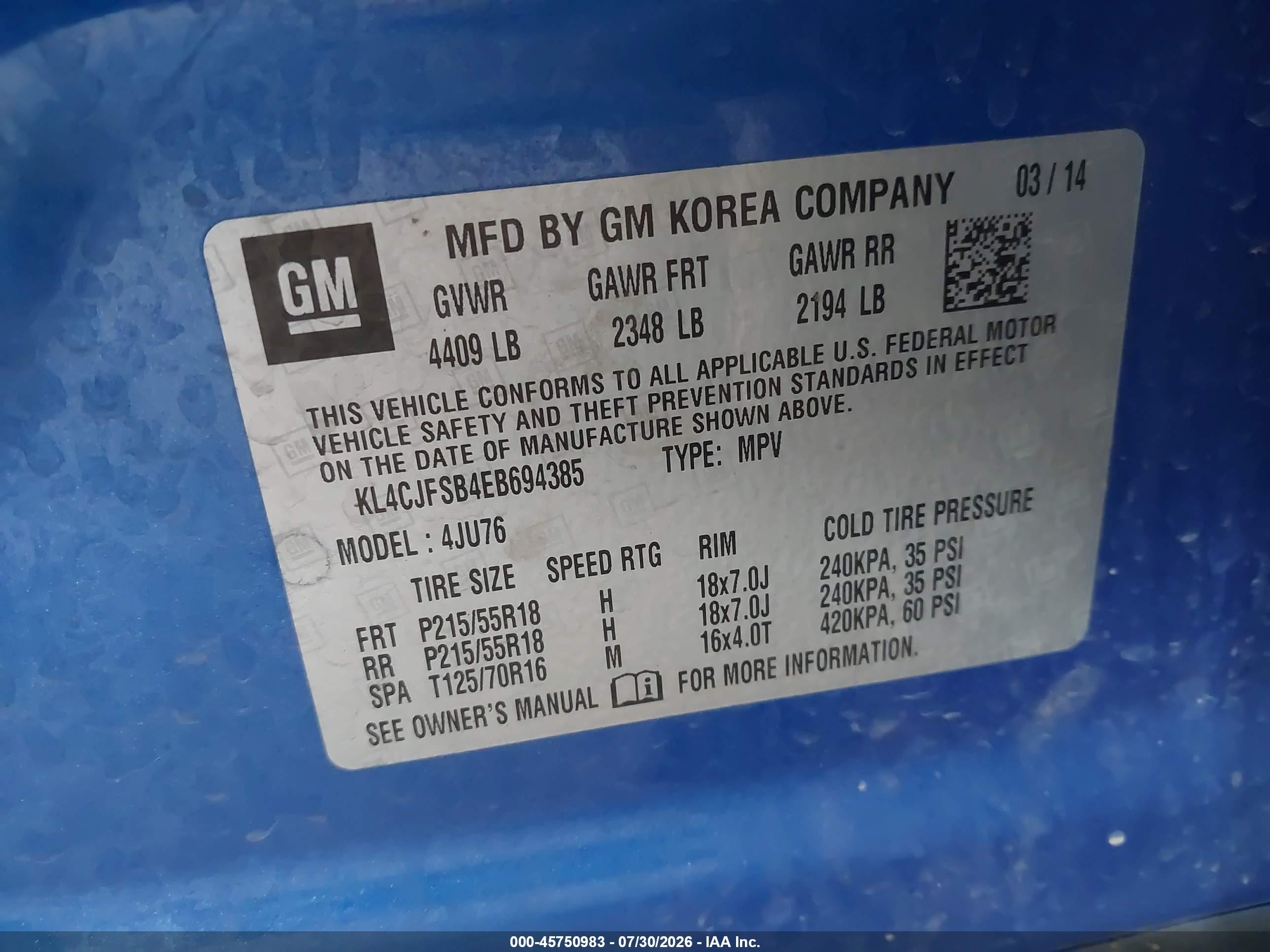 2014 Buick Encore Convenience Blue vin: KL4CJFSB4EB694385