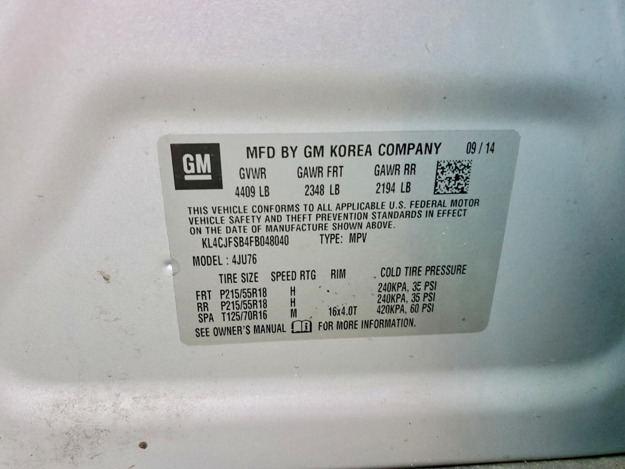 2015 Buick Encore Convenience Silver vin: KL4CJFSB4FB048040