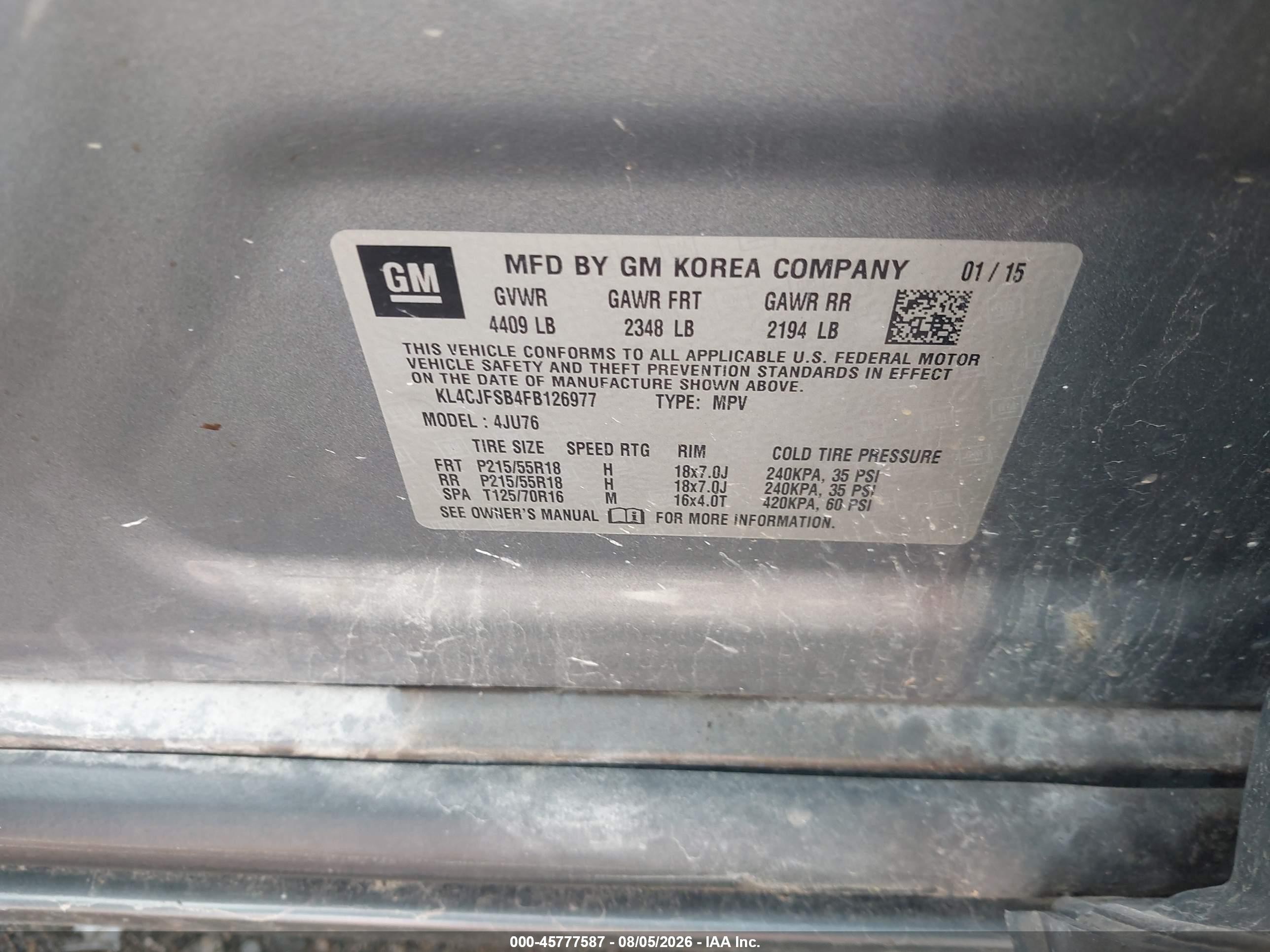 2015 Buick Encore Convenience Gray vin: KL4CJFSB4FB126977