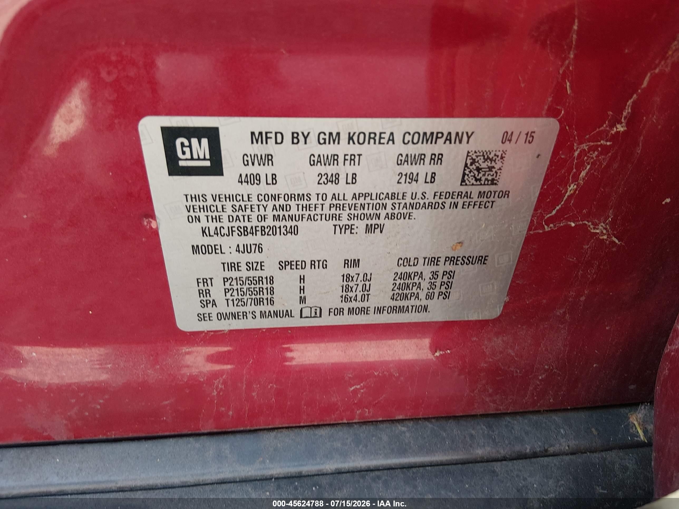 2015 Buick Encore Convenience Red vin: KL4CJFSB4FB201340