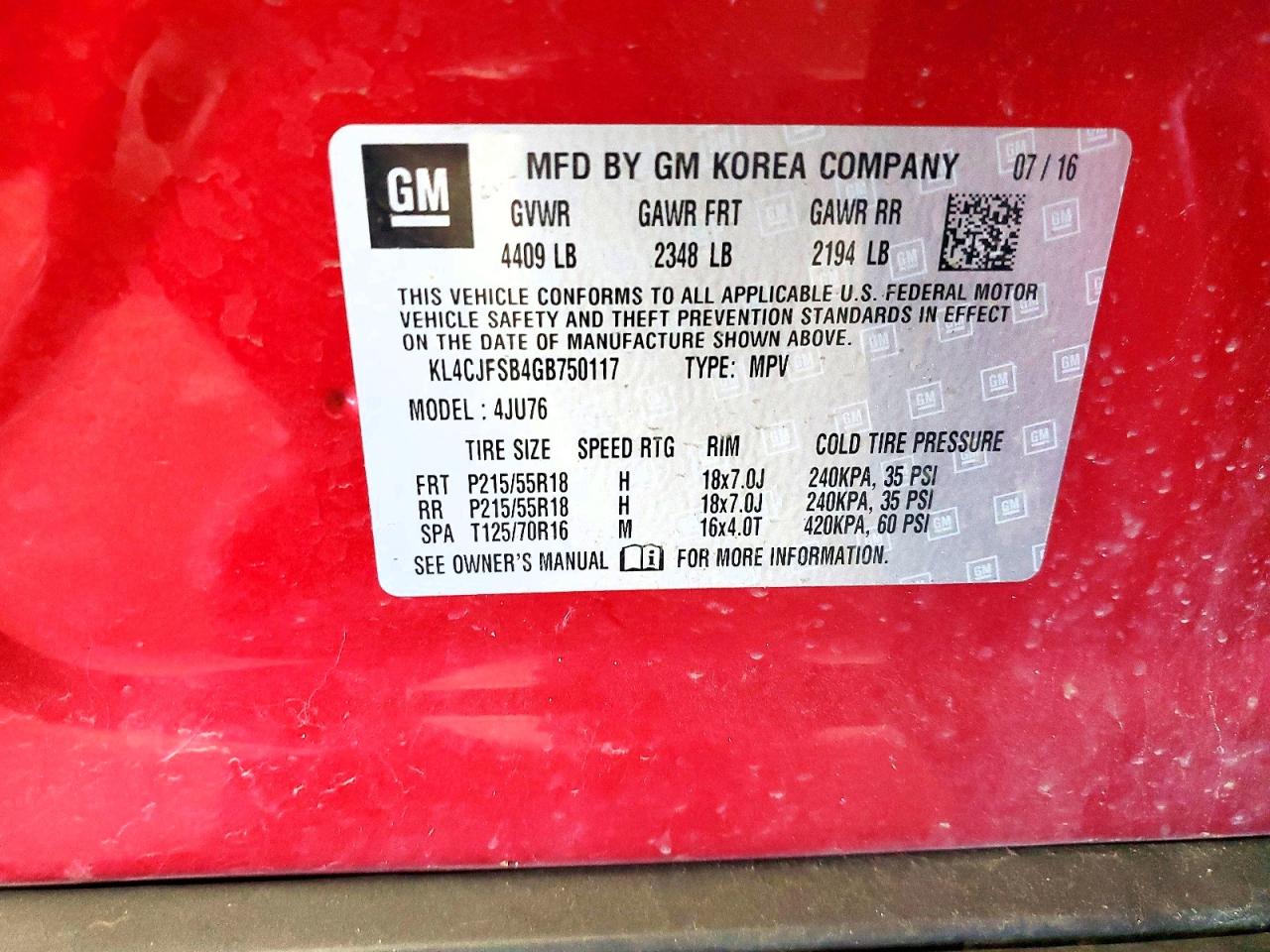 2016 Buick Encore Convenience Red vin: KL4CJFSB4GB750117