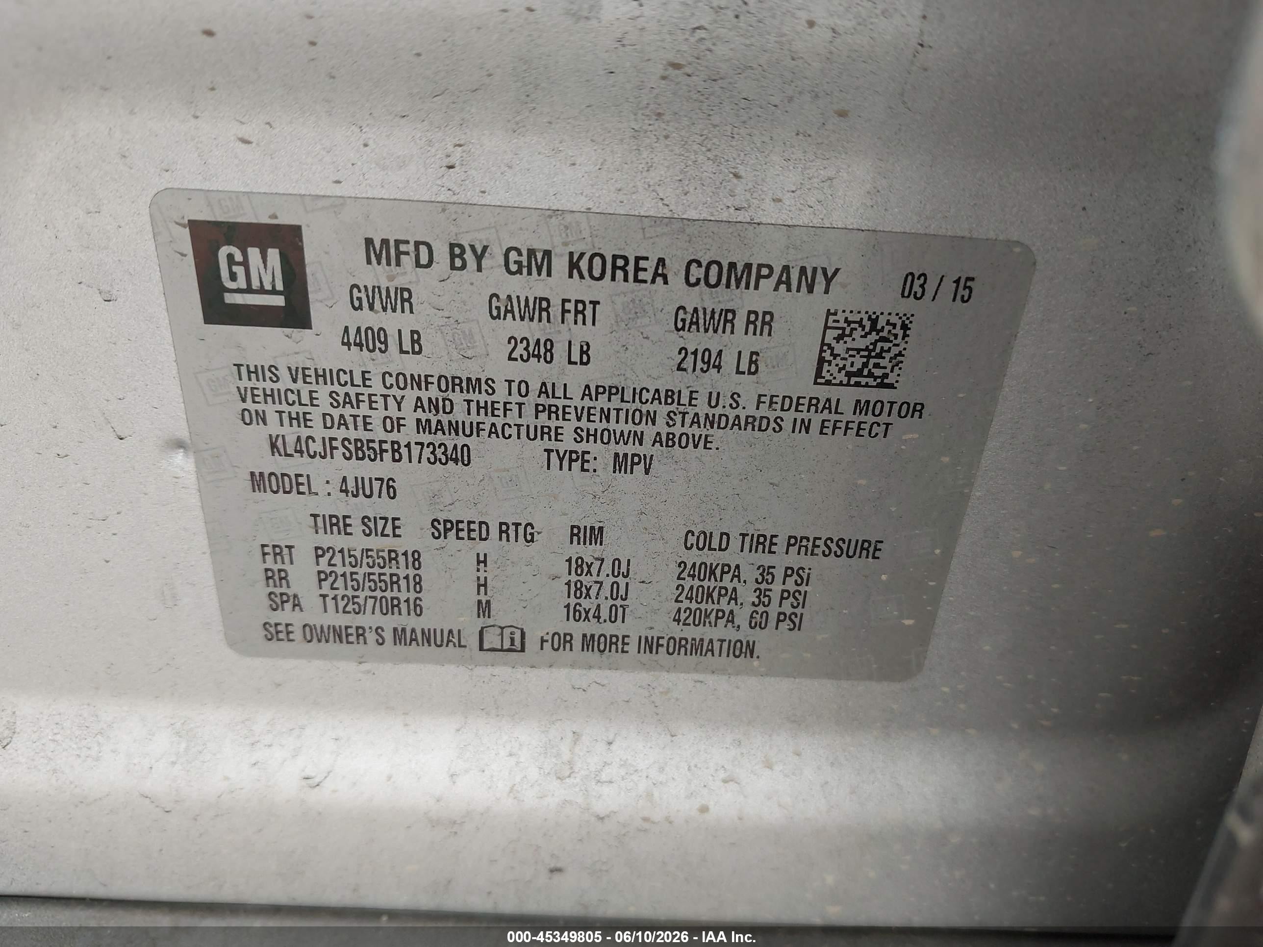 2015 Buick Encore Convenience Silver vin: KL4CJFSB5FB173340