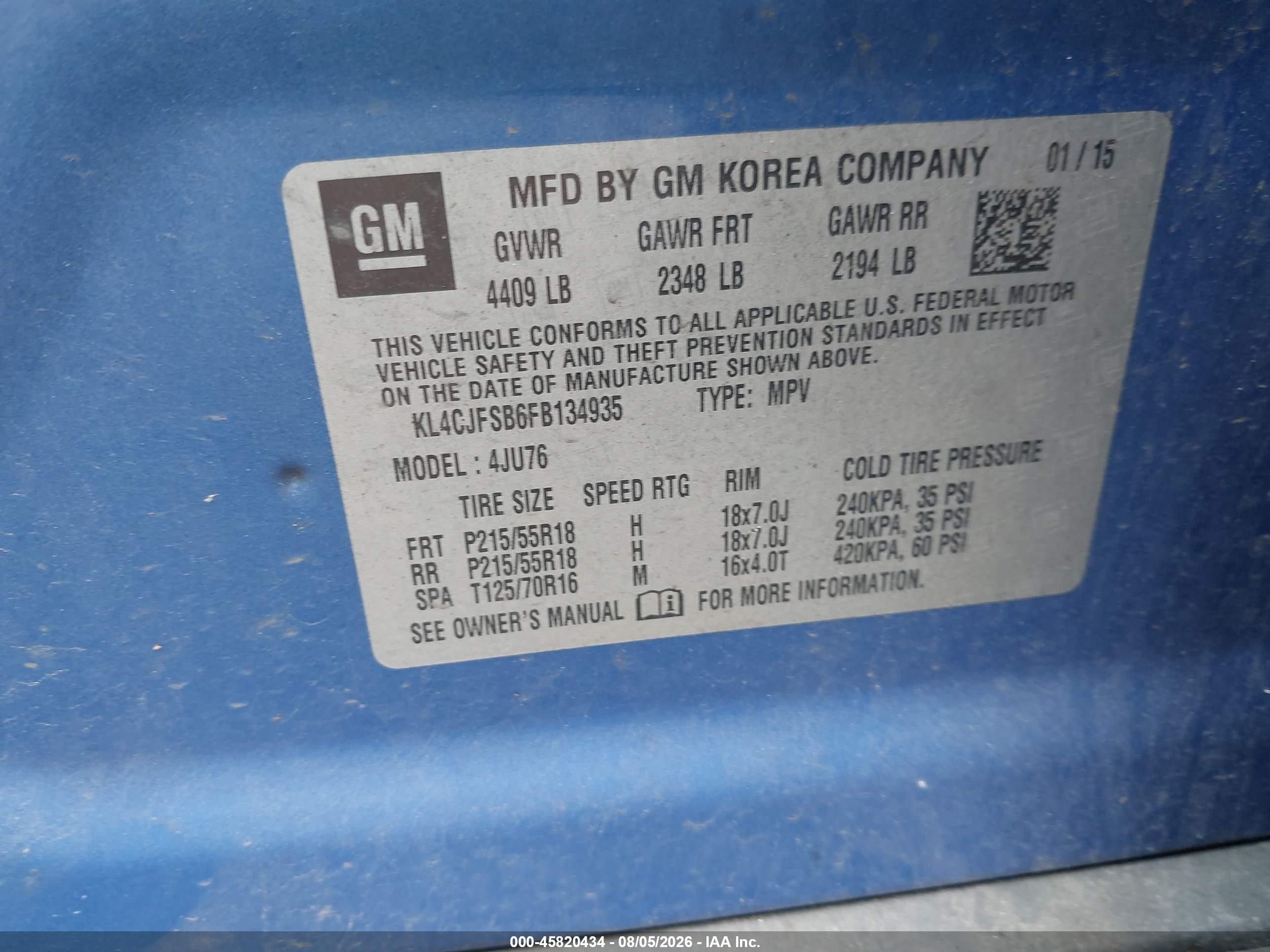 2015 Buick Encore Convenience Blue vin: KL4CJFSB6FB134935