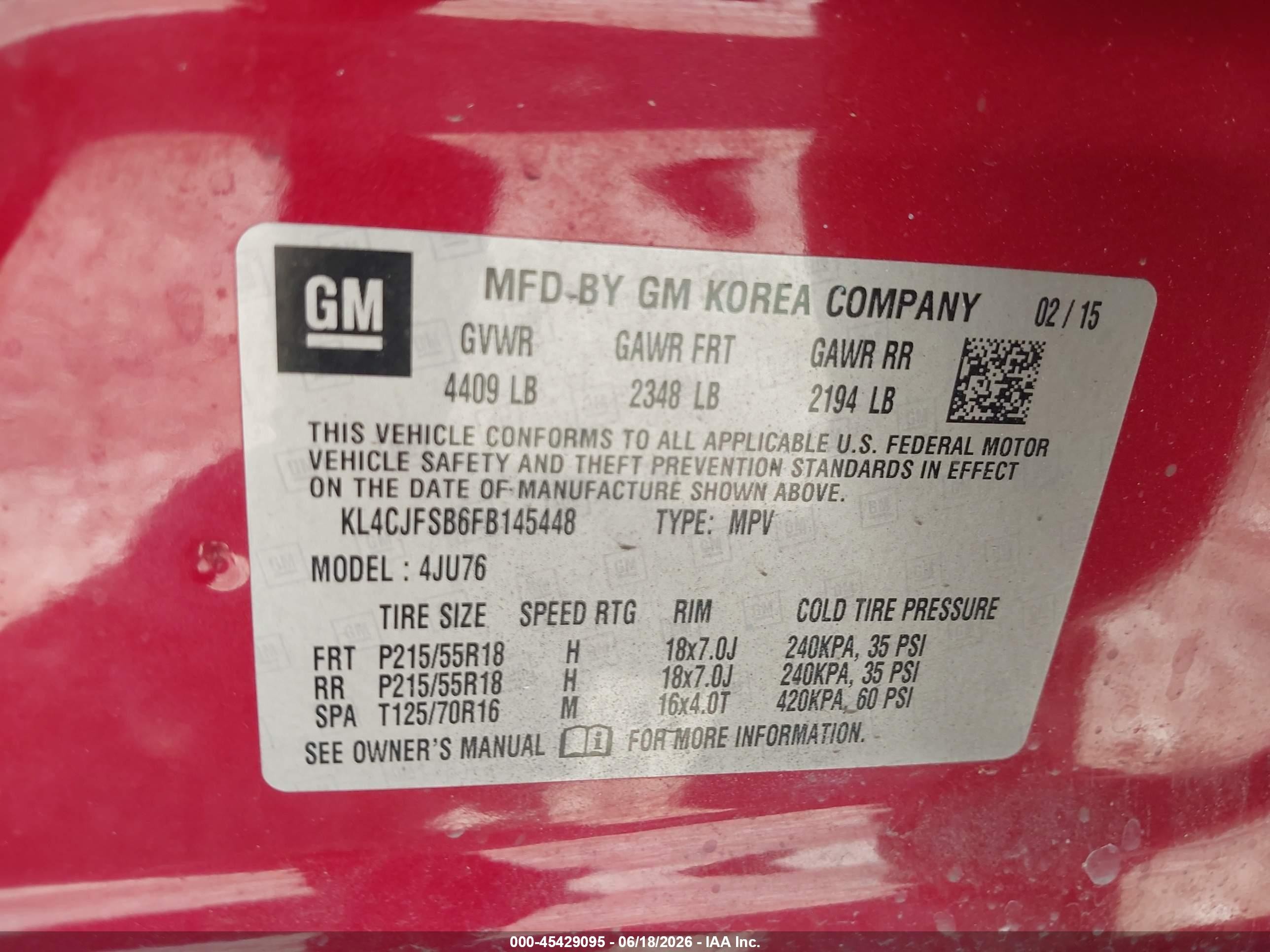2015 Buick Encore Convenience Red vin: KL4CJFSB6FB145448