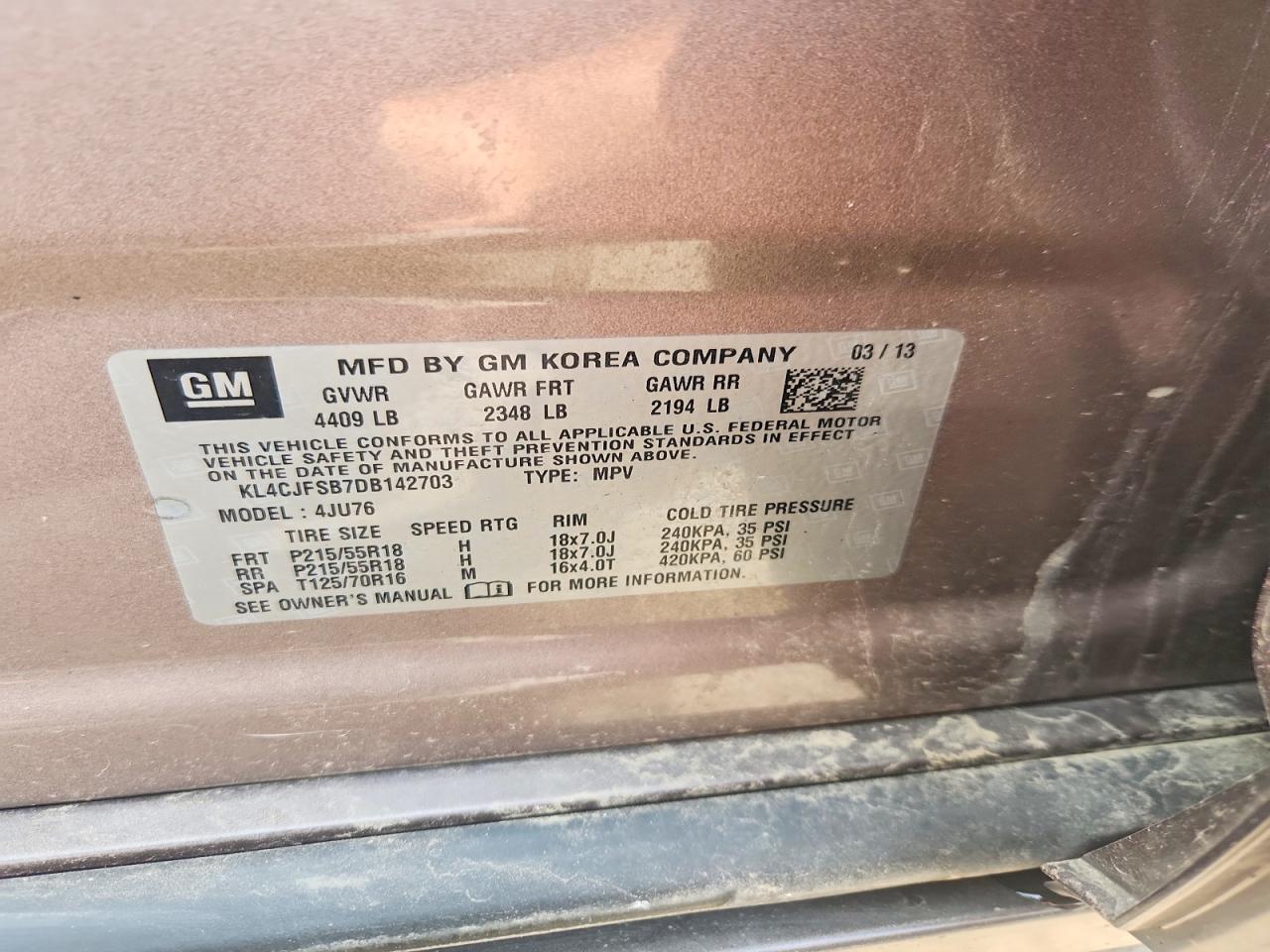 2013 Buick Encore Convenience Бежевый vin: KL4CJFSB7DB142703