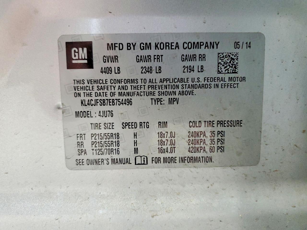 2014 Buick Encore Convenience Silver vin: KL4CJFSB7EB754496