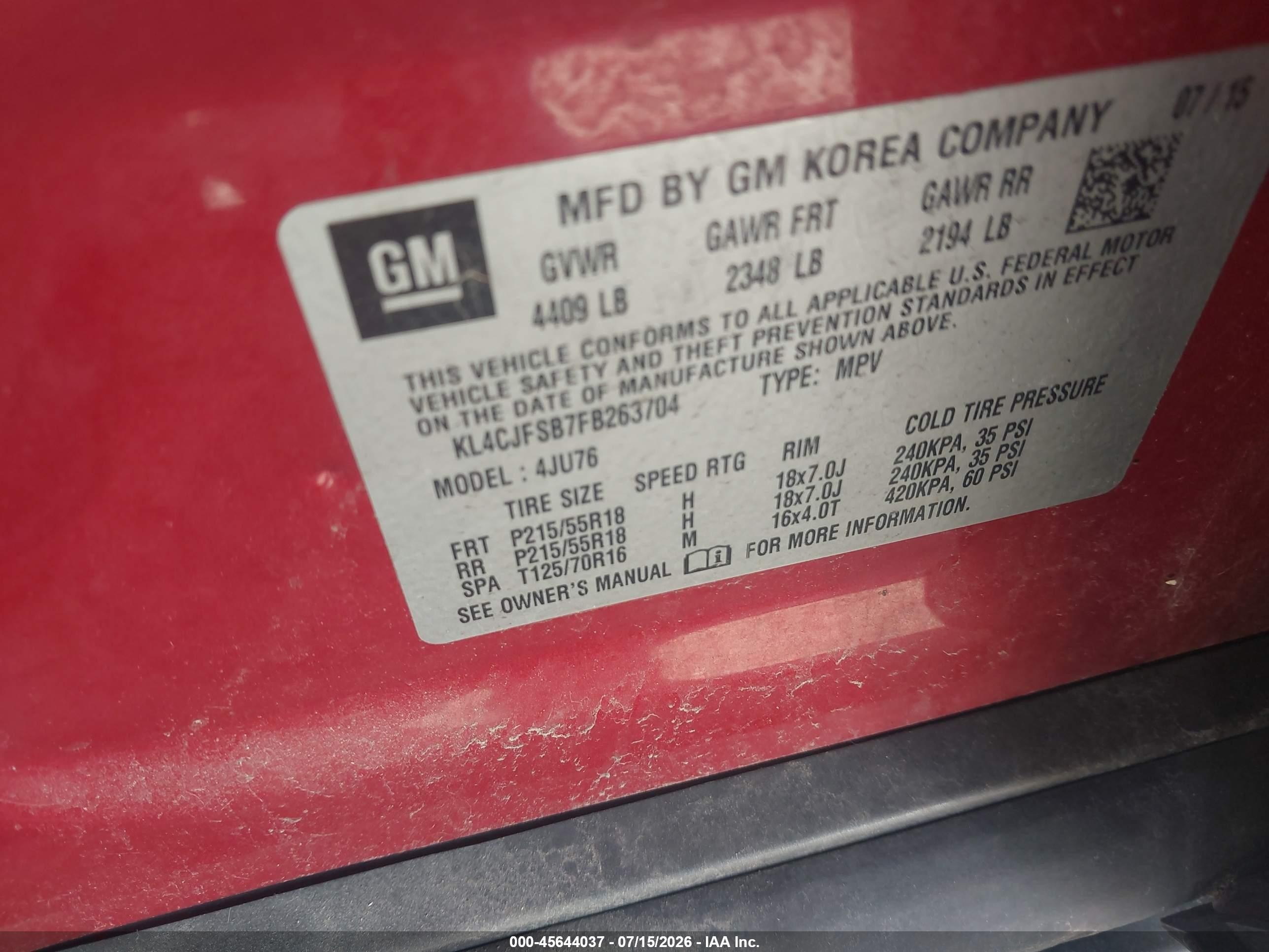 2015 Buick Encore Convenience Red vin: KL4CJFSB7FB263704