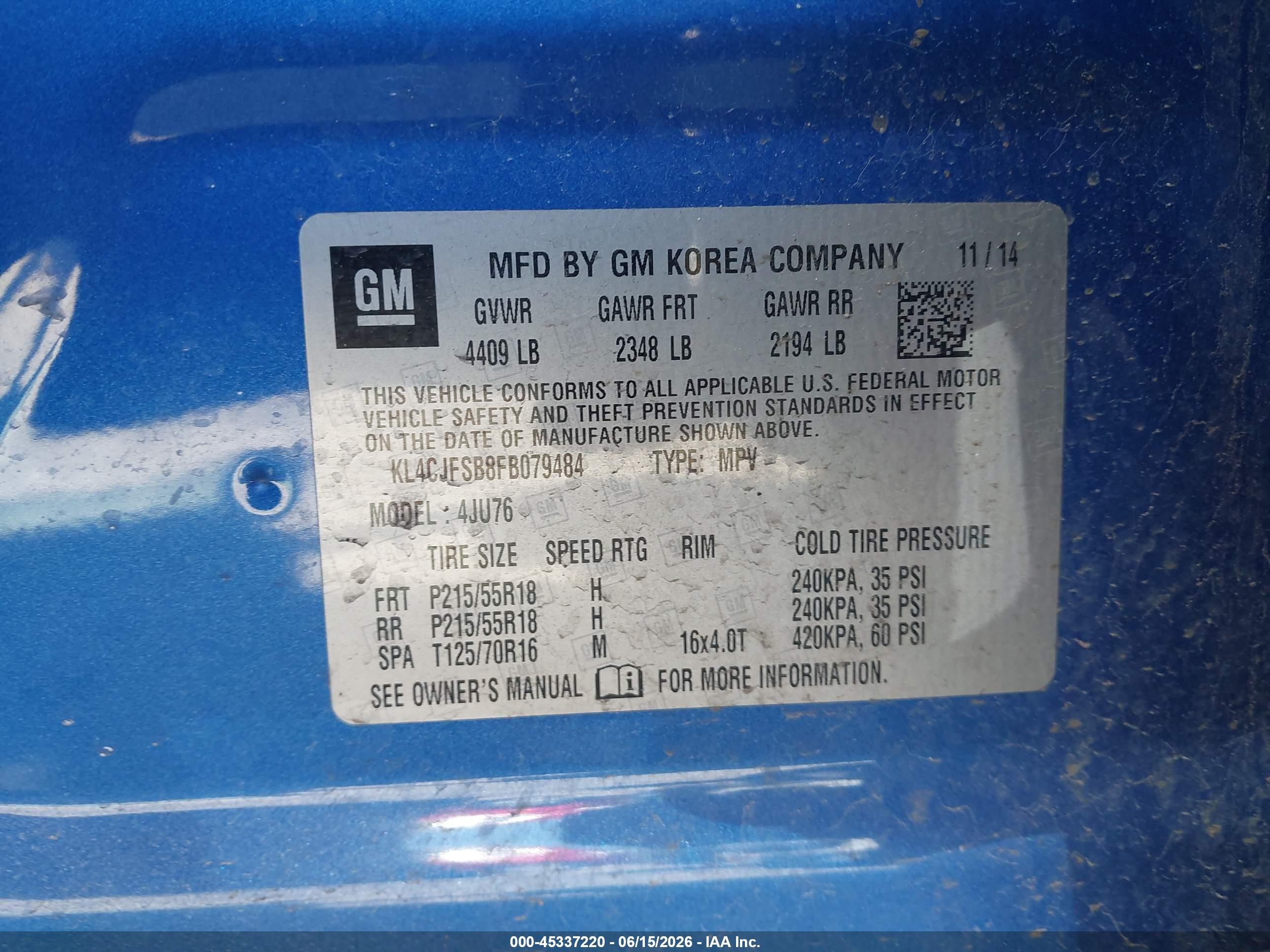2015 Buick Encore Convenience Blue vin: KL4CJFSB8FB079484