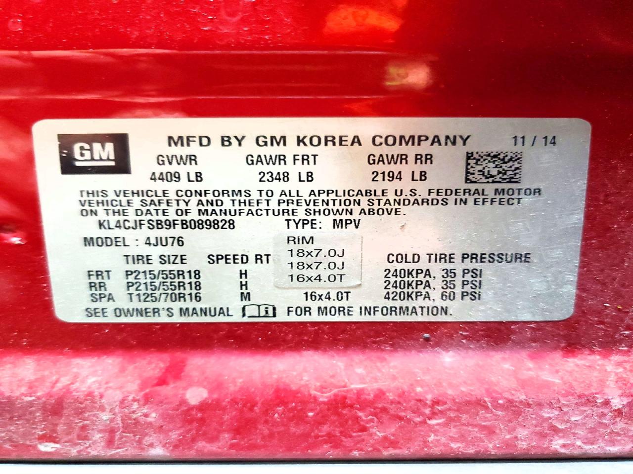 2015 Buick Encore Convenience Burgundy vin: KL4CJFSB9FB089828