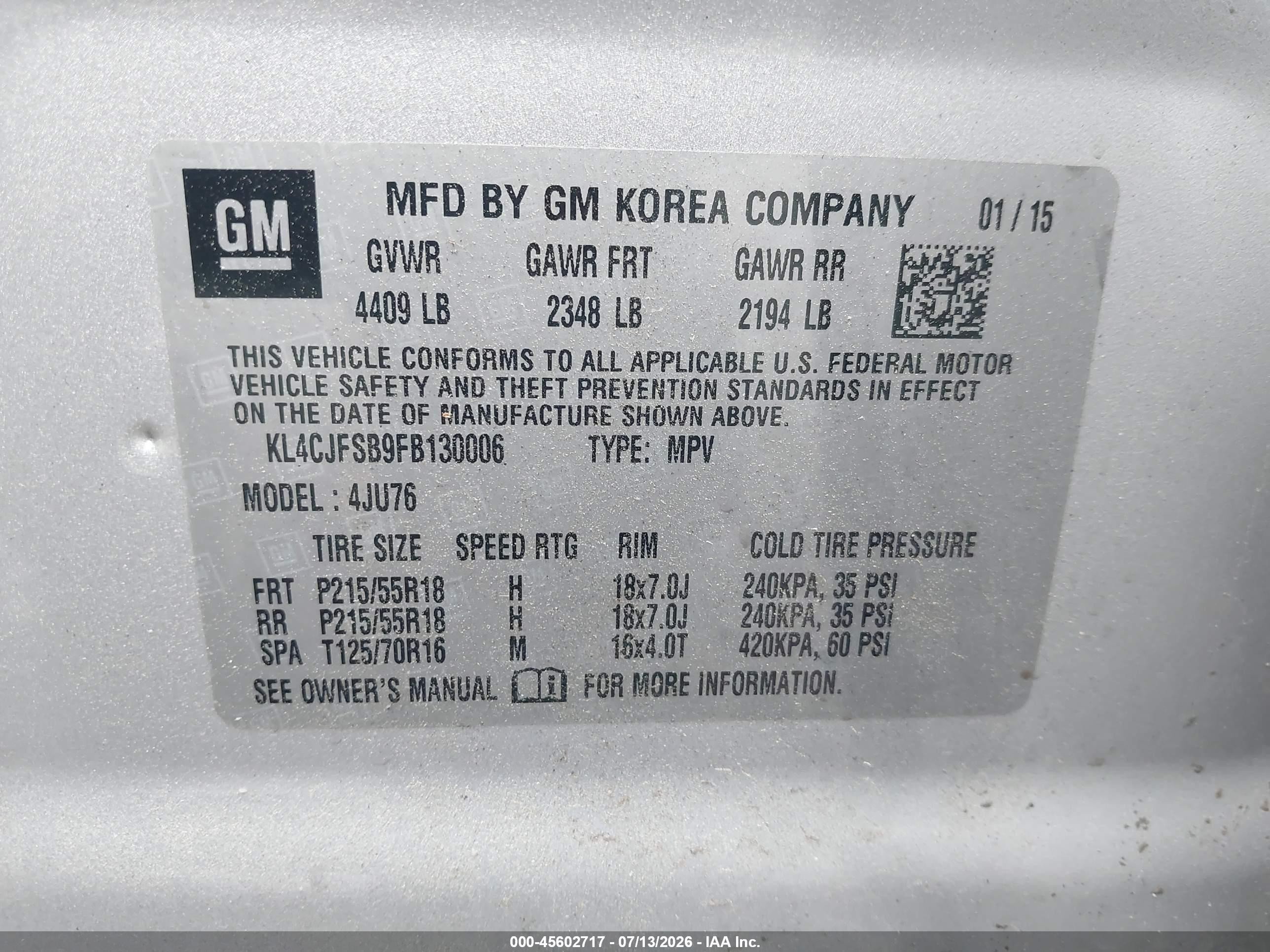 2015 Buick Encore Convenience Silver vin: KL4CJFSB9FB130006