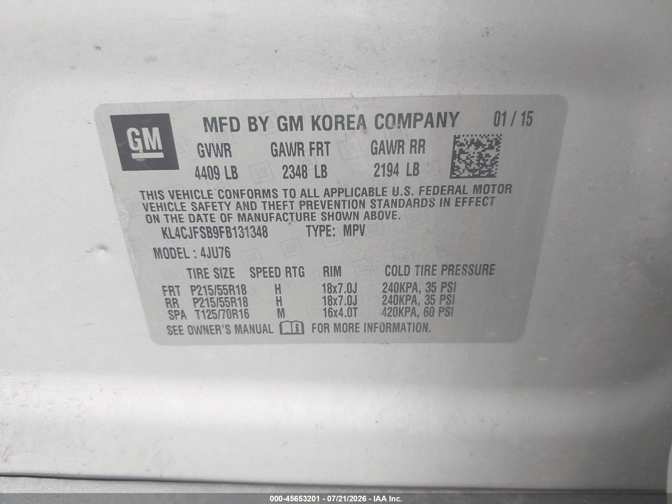 2015 Buick Encore Convenience Silver vin: KL4CJFSB9FB131348