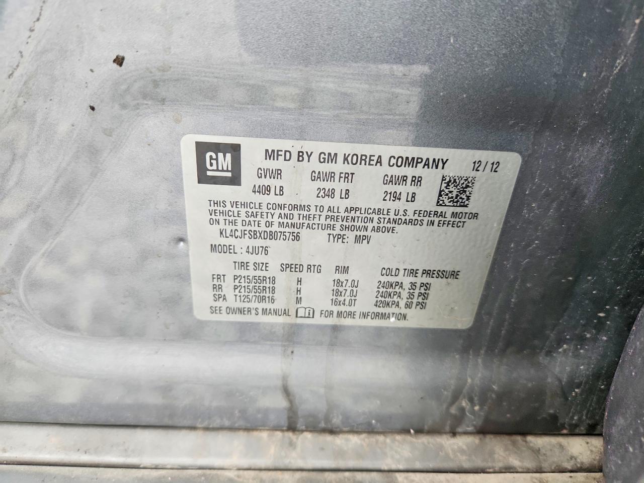 2013 Buick Encore Convenience Gray vin: KL4CJFSBXDB075756