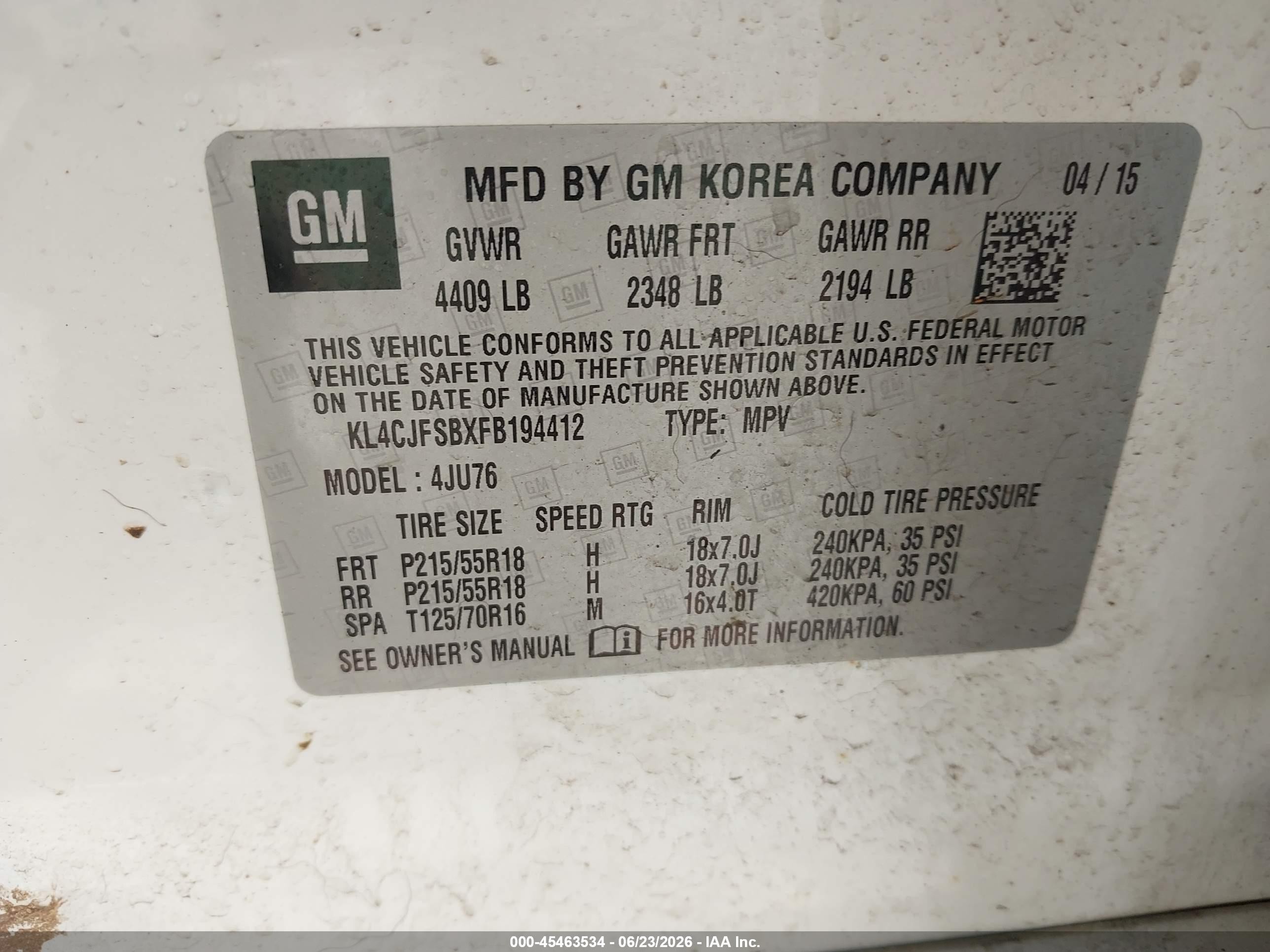 2015 Buick Encore Convenience White vin: KL4CJFSBXFB194412