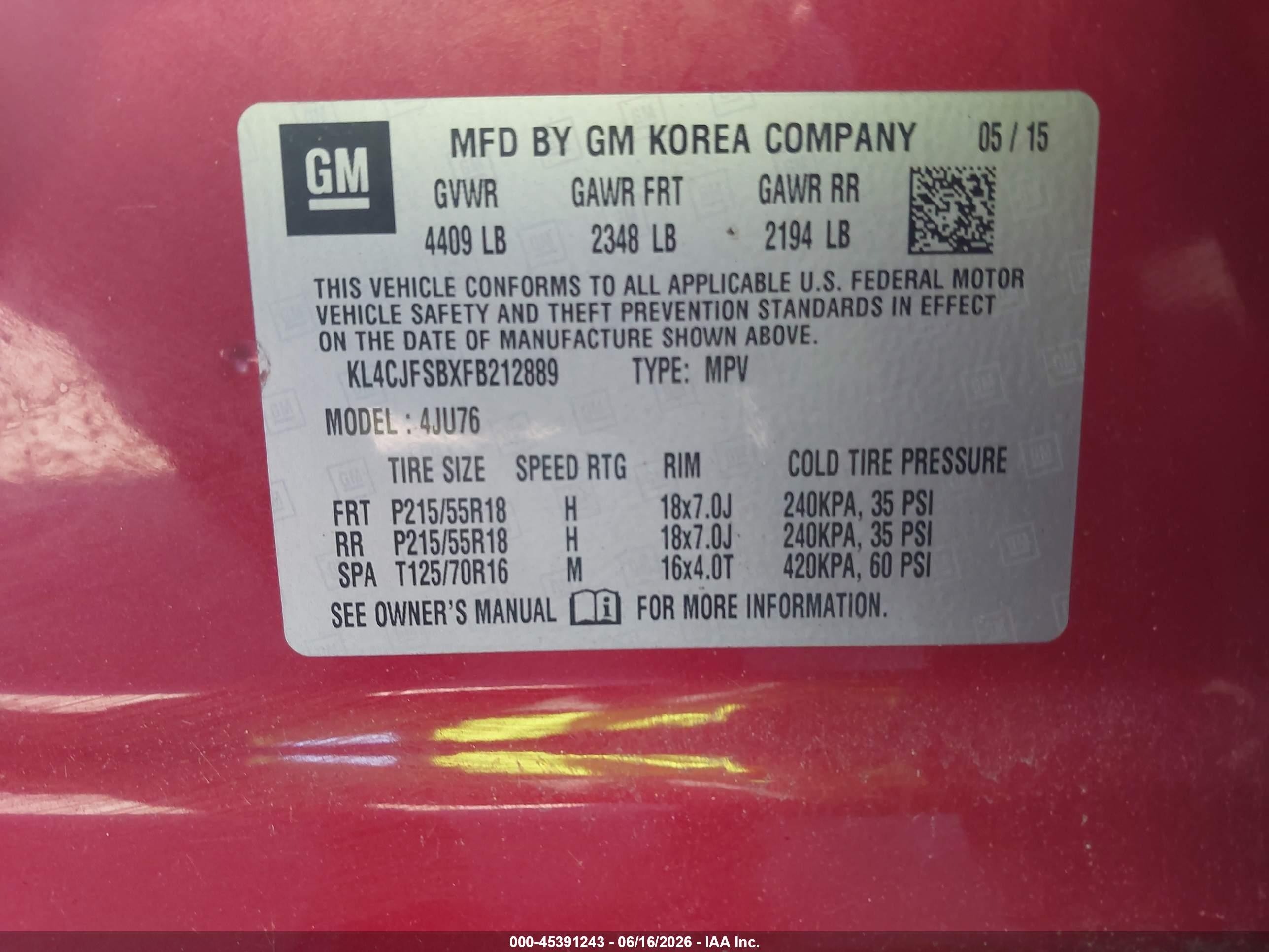 2015 Buick Encore Convenience Red vin: KL4CJFSBXFB212889
