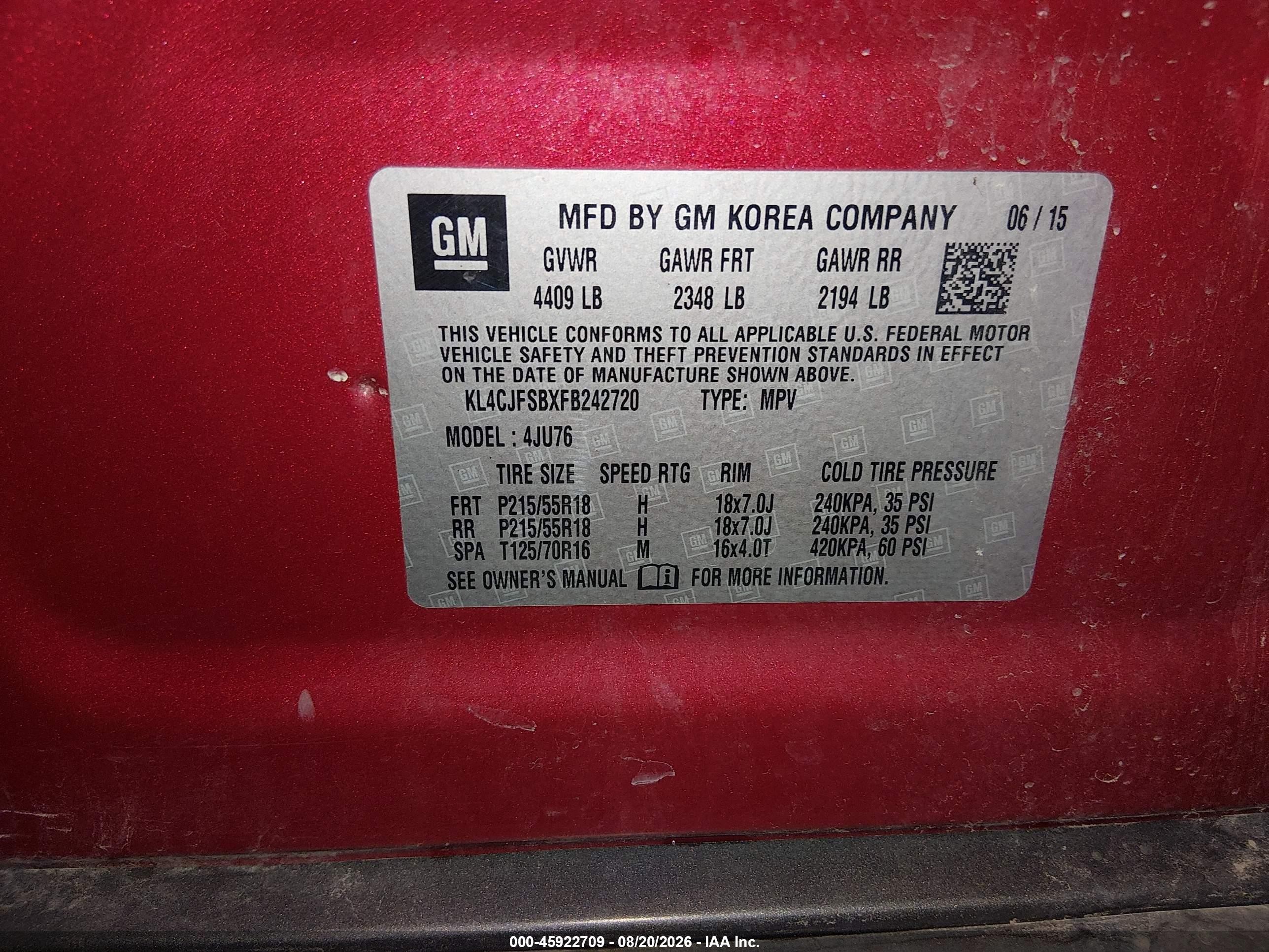 2015 Buick Encore Convenience Красный vin: KL4CJFSBXFB242720