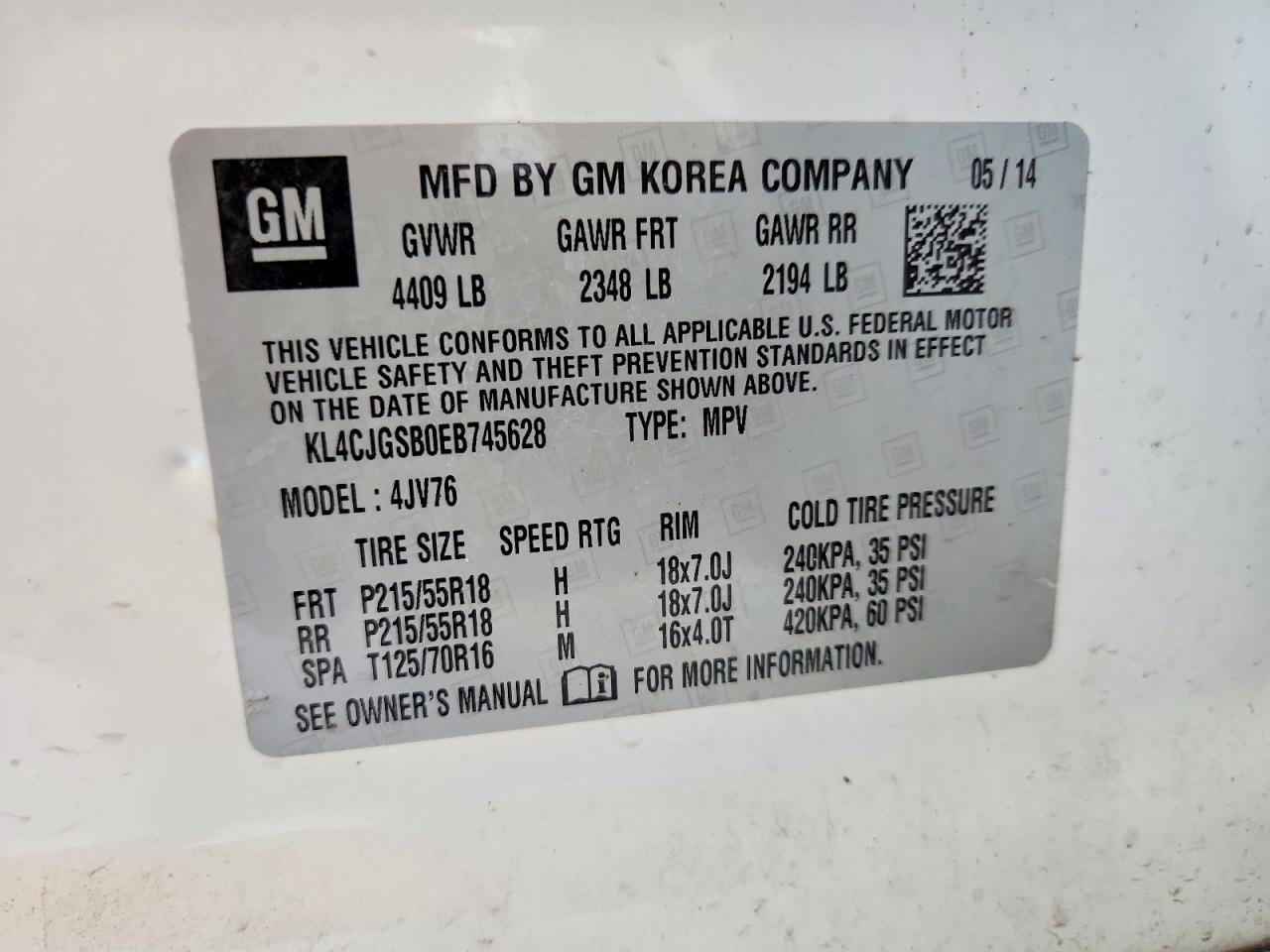 2014 Buick Encore White vin: KL4CJGSB0EB745628