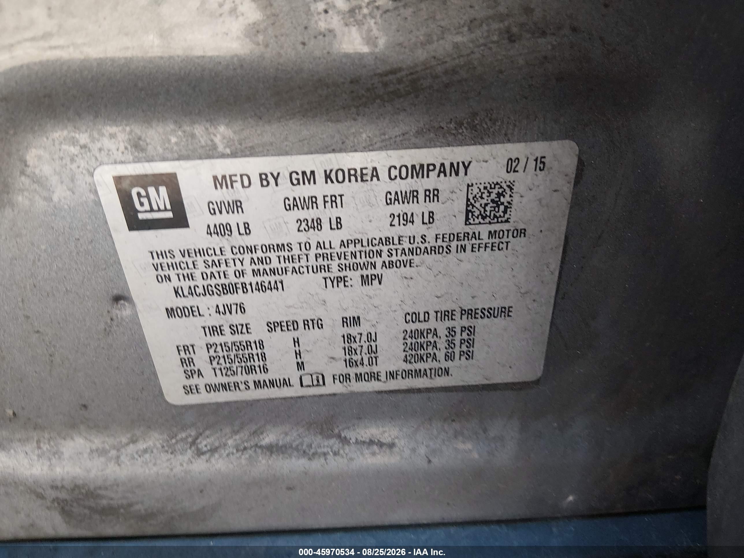 2015 Buick Encore Leather Gray vin: KL4CJGSB0FB146441