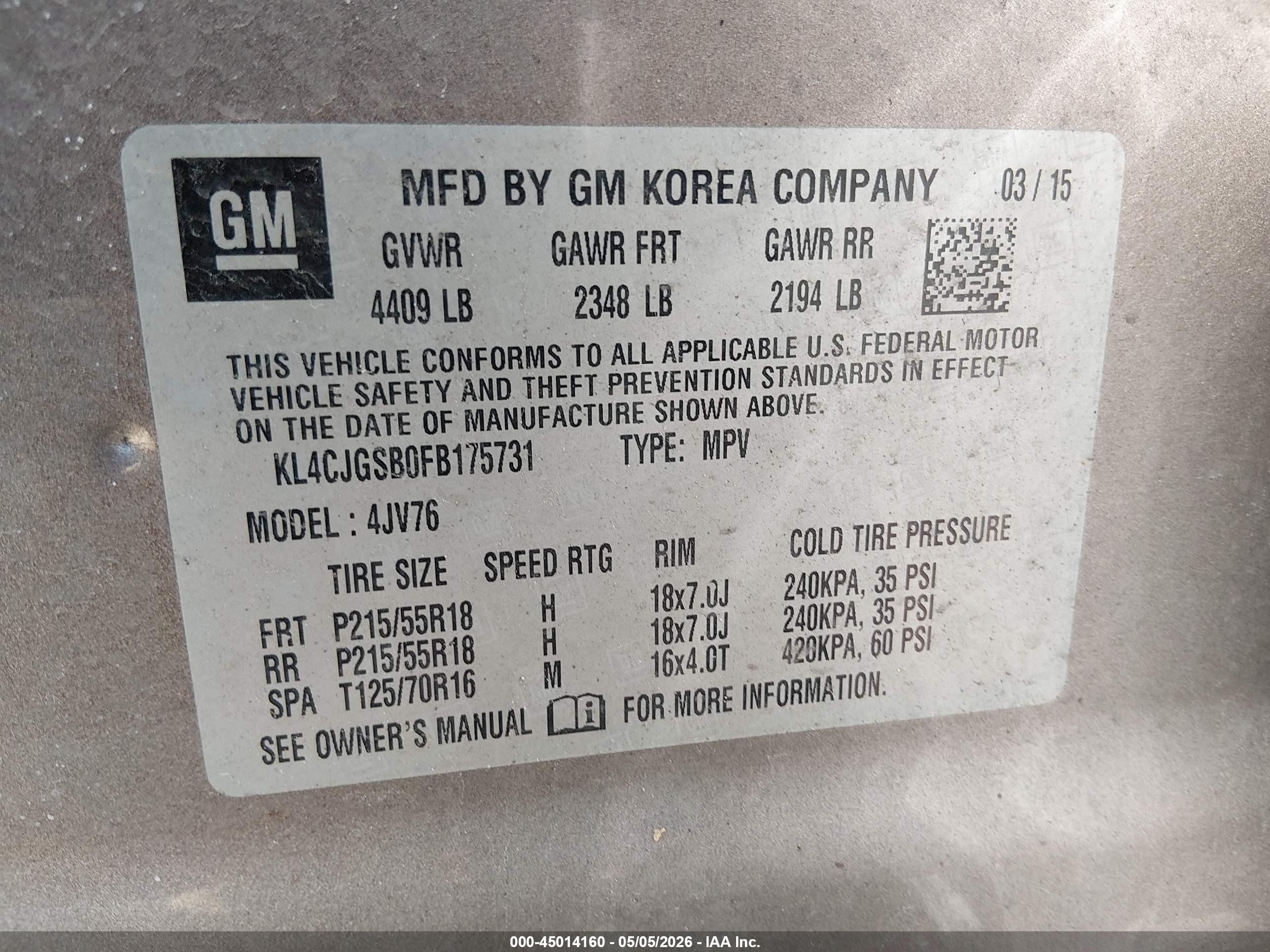 2015 Buick Encore Leather Золотой vin: KL4CJGSB0FB175731