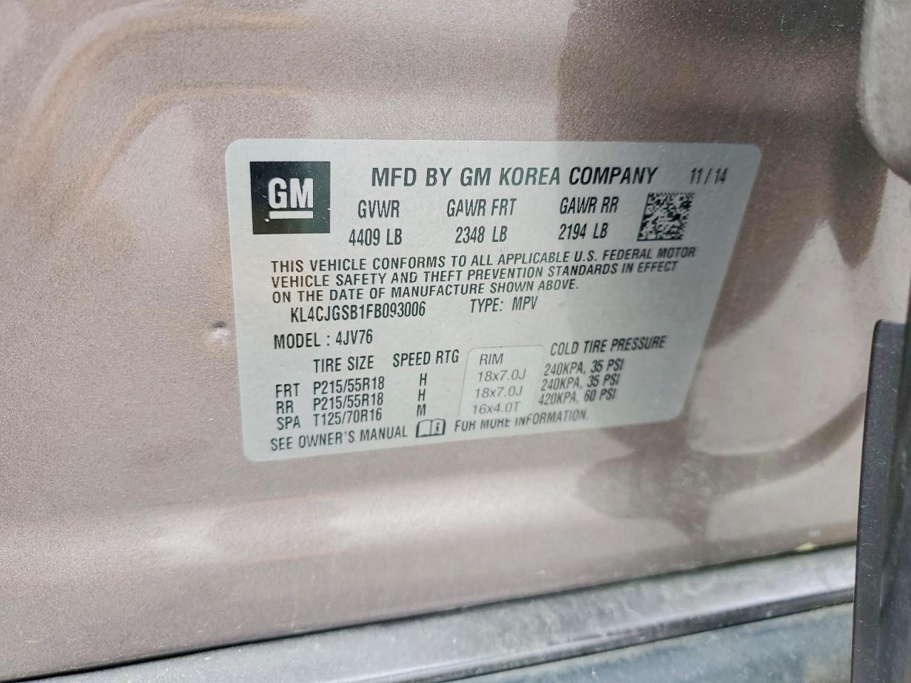 2015 Buick Encore Gray vin: KL4CJGSB1FB093006