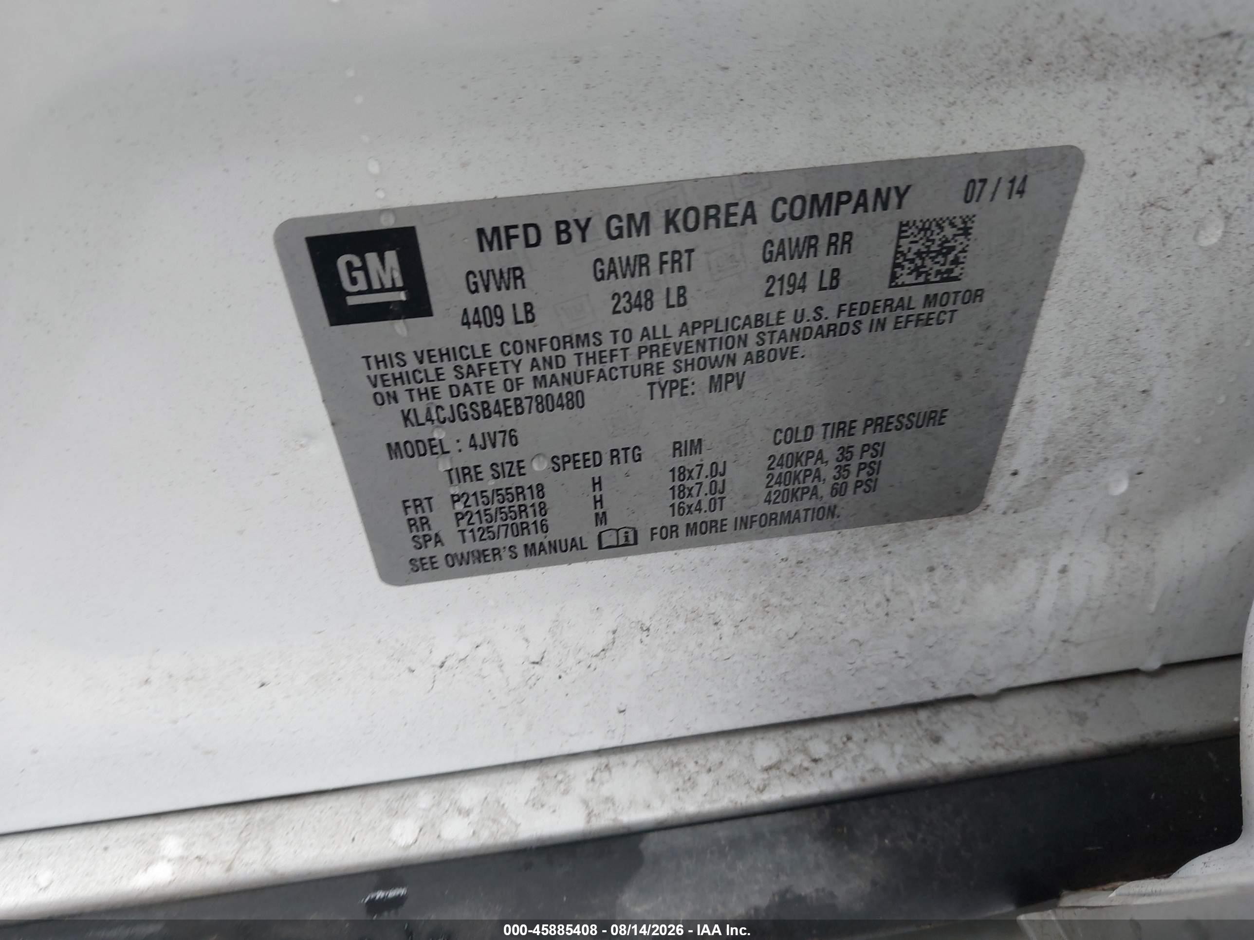 2014 Buick Encore Leather White vin: KL4CJGSB4EB780480