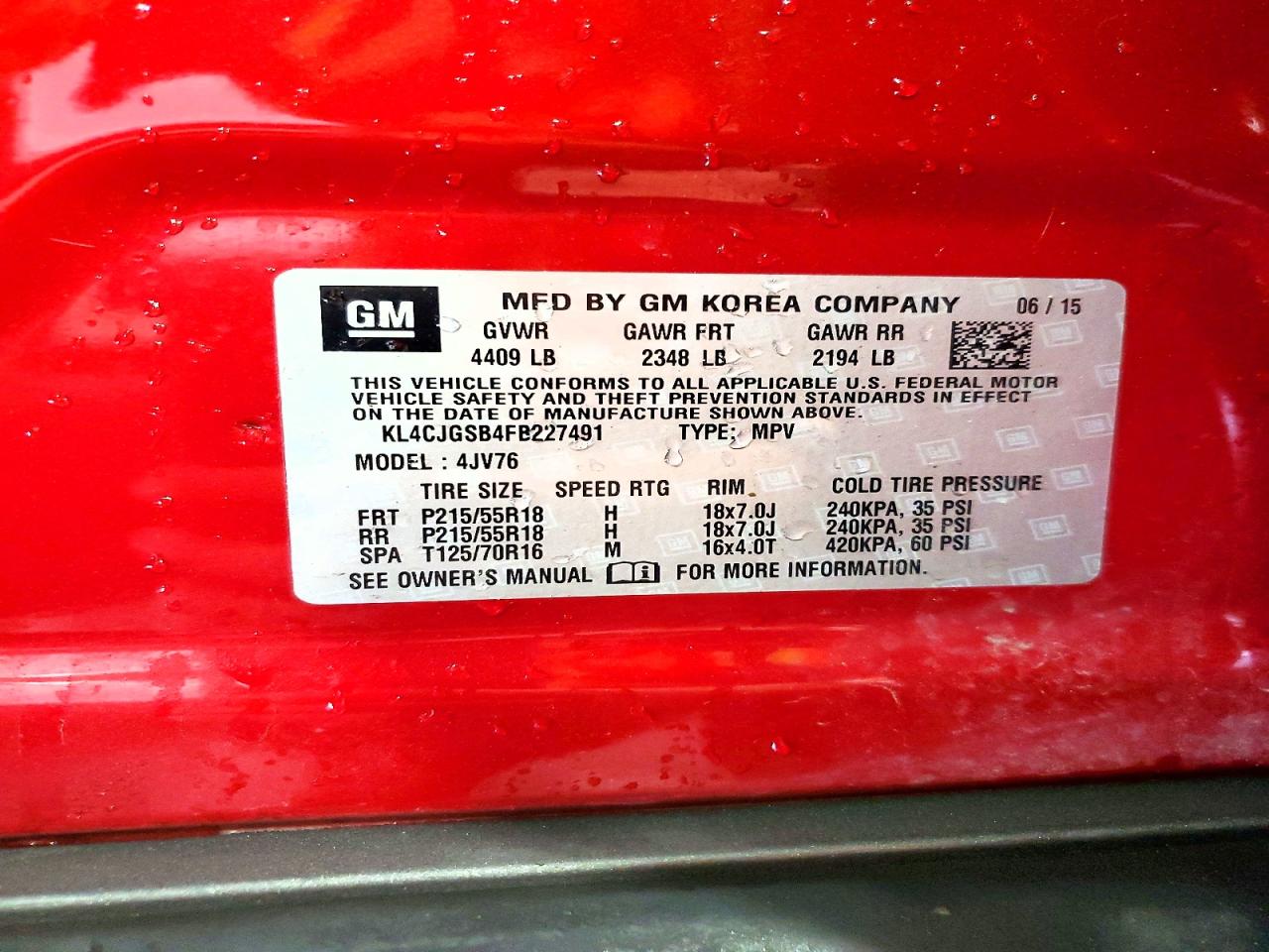 2015 Buick Encore Red vin: KL4CJGSB4FB227491