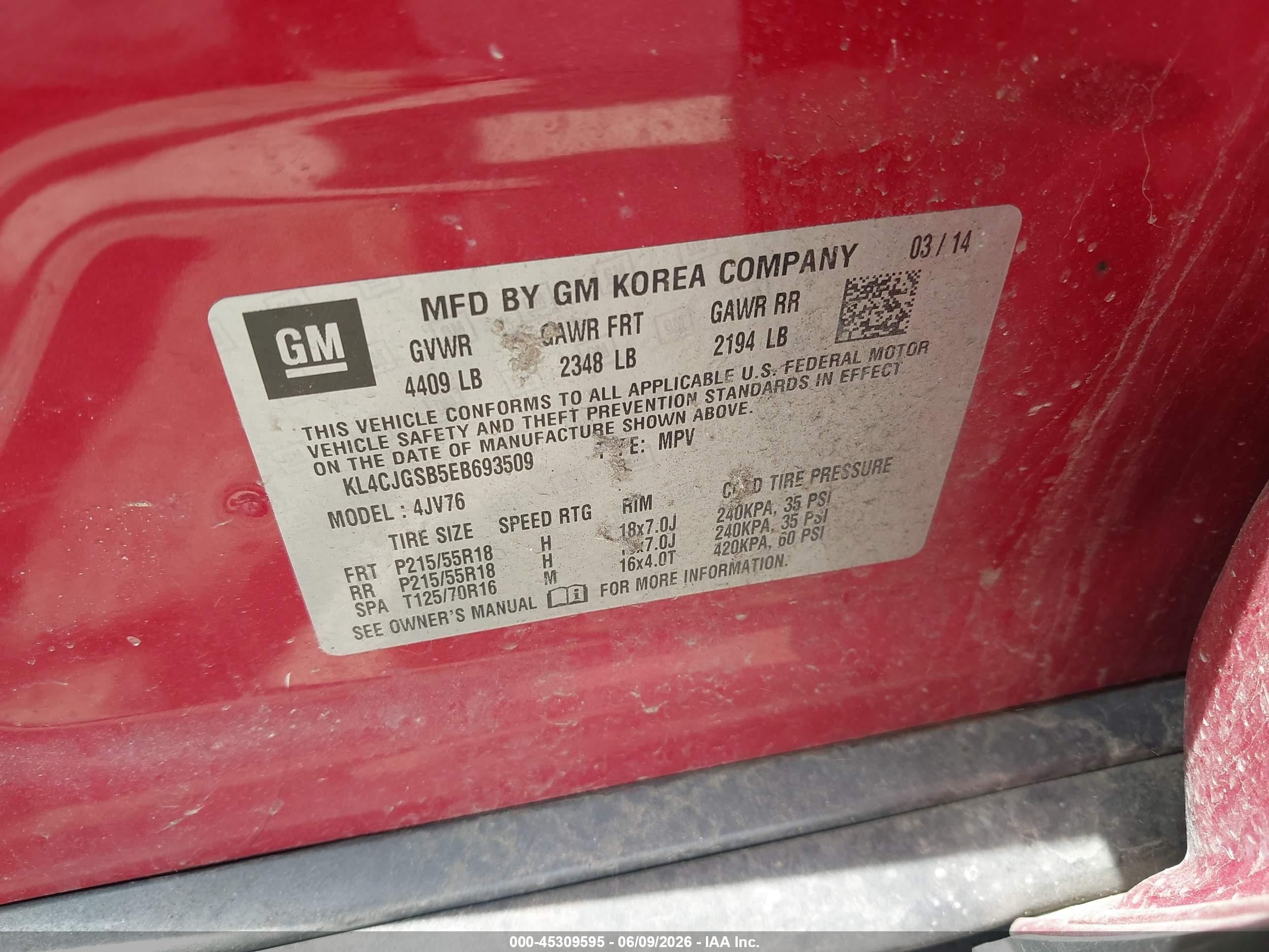 2014 Buick Encore Leather Red vin: KL4CJGSB5EB693509