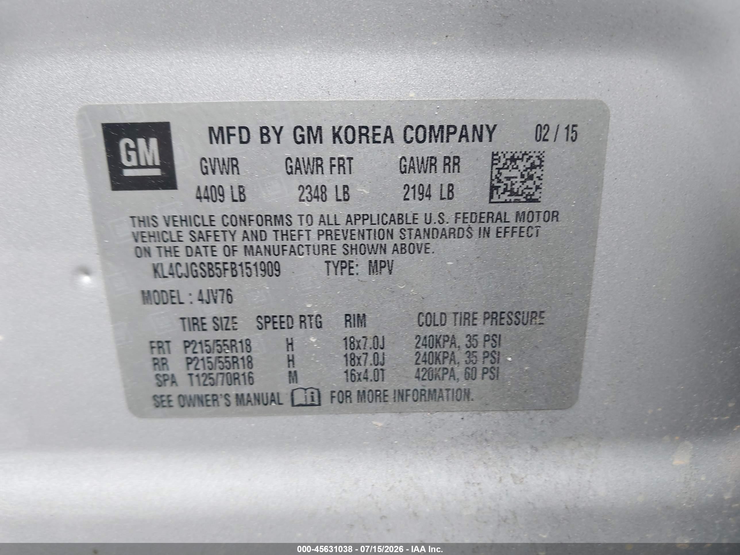 2015 Buick Encore Leather Gray vin: KL4CJGSB5FB151909